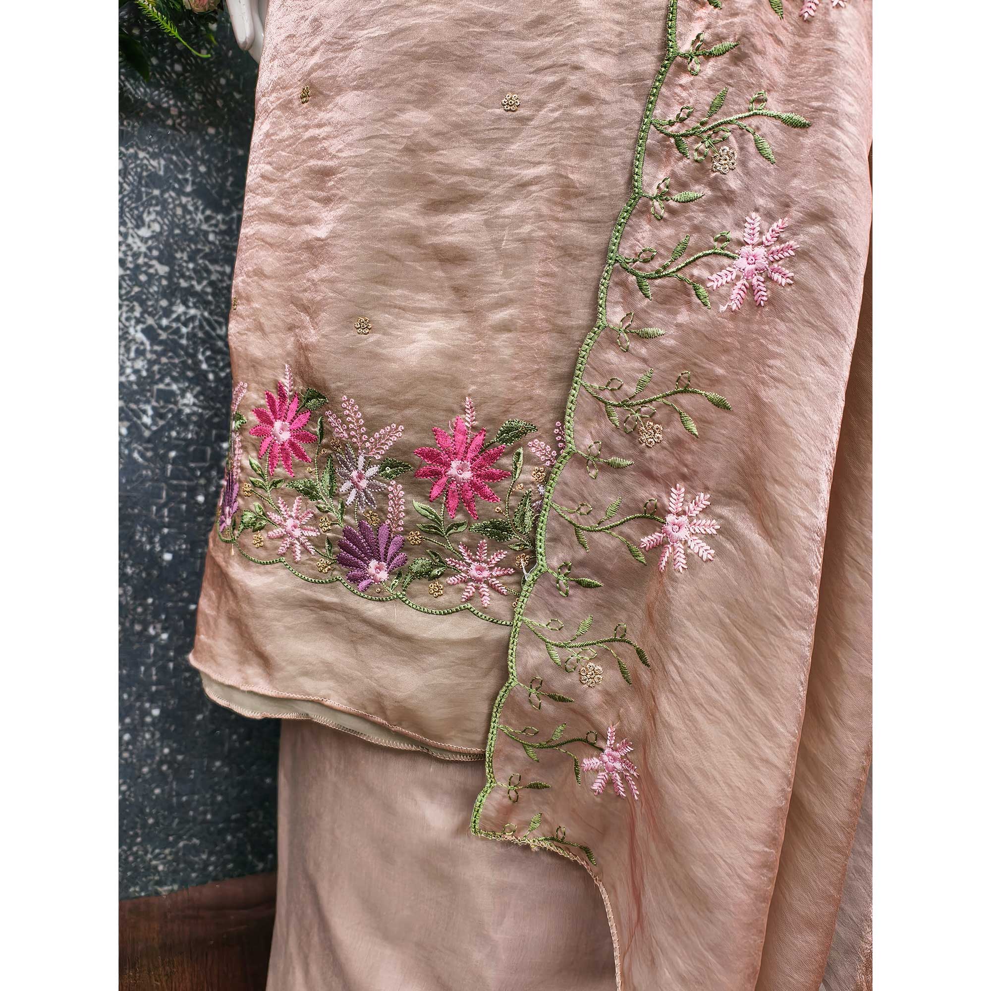 Designer Beige Satin Silk Dress Material with Fine Floral Embroidery