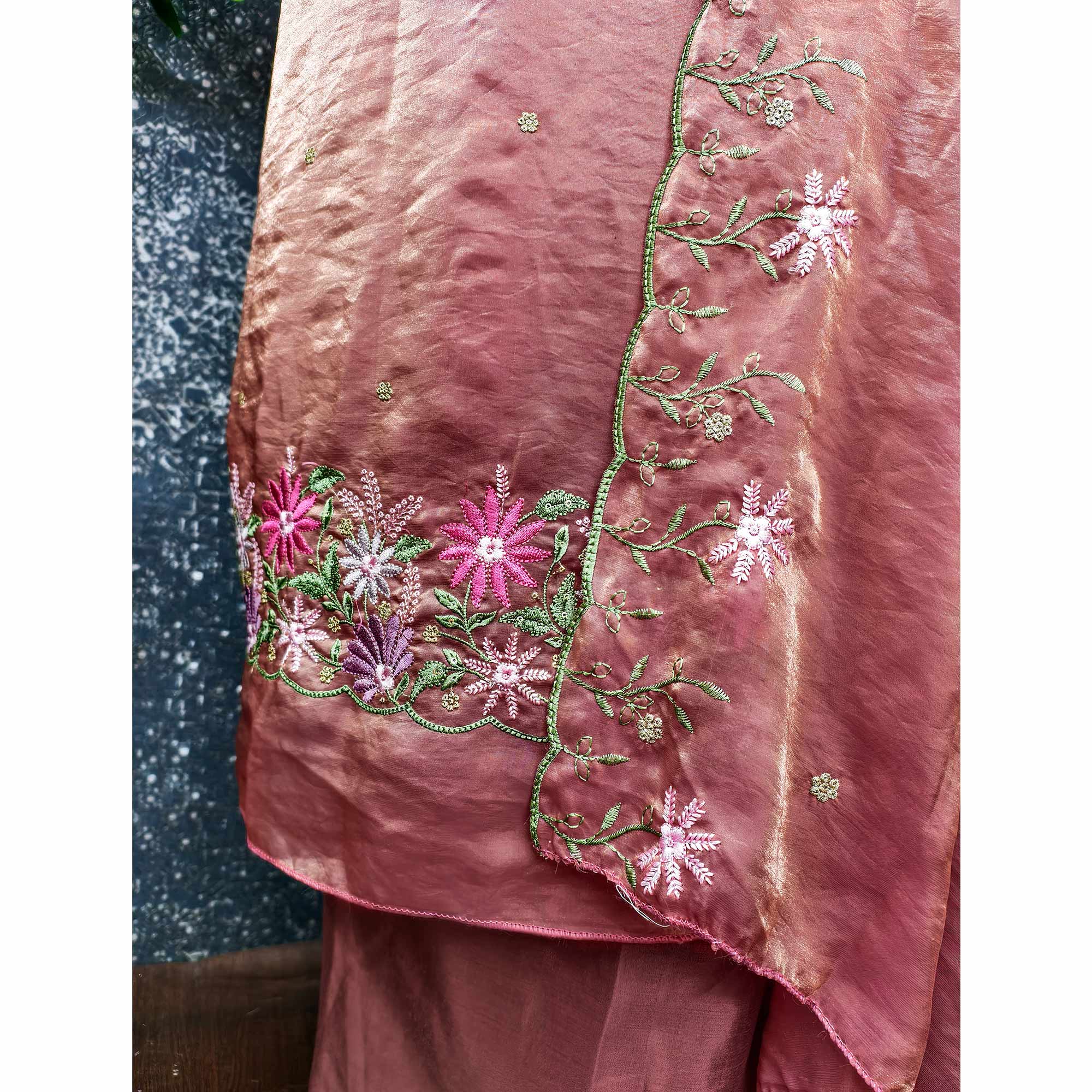Designer Dusty Rose Pink Satin Silk Dress Material with Fine Floral Embroidery