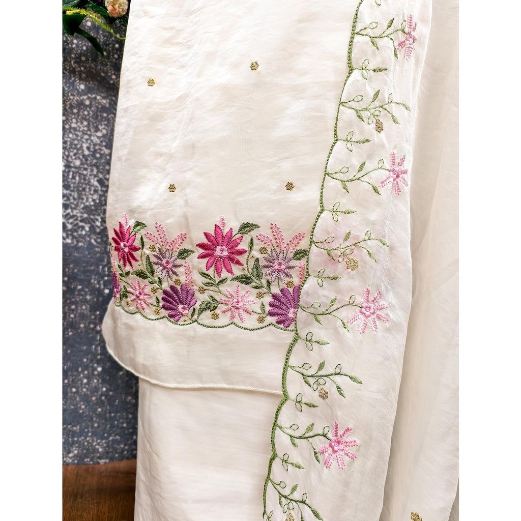 Designer Off White Satin Silk Dress Material with Fine Floral Embroidery