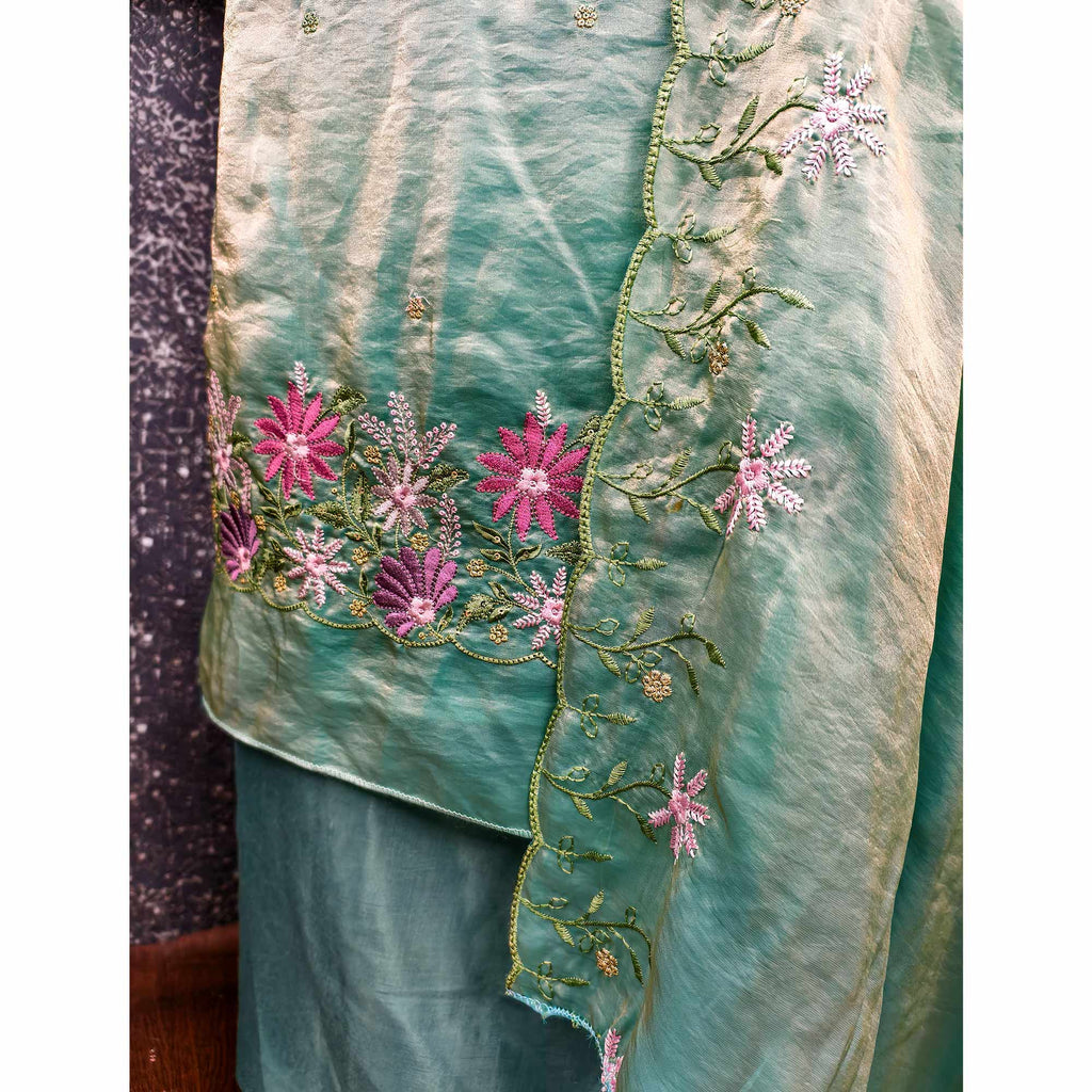 Designer Sea Green Satin Silk Dress Material with Fine Floral Embroidery