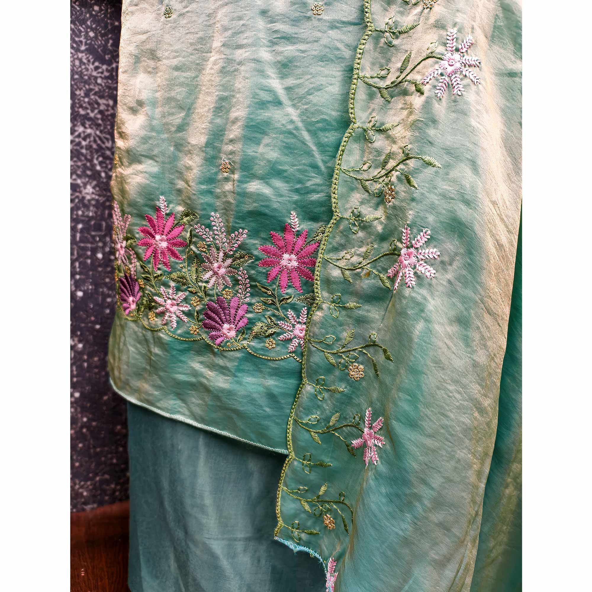 Designer Sea Green Satin Silk Dress Material with Fine Floral Embroidery