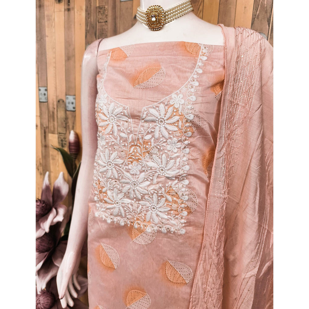 Peach Chanderi Cotton Dress Material Adorned With Floral Thread Embroidery & Sequins Work