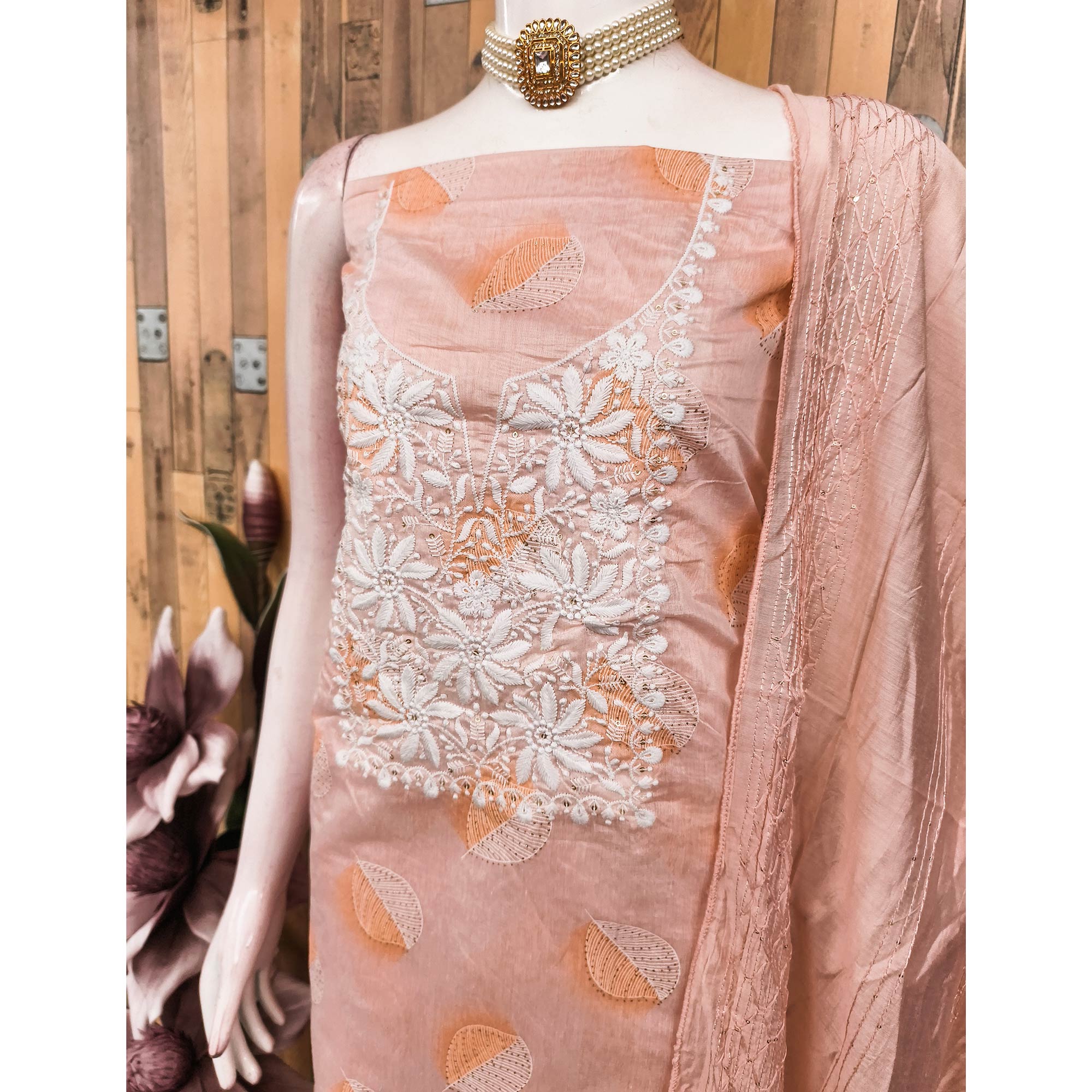 Peach Chanderi Cotton Dress Material Adorned With Floral Thread Embroidery & Sequins Work