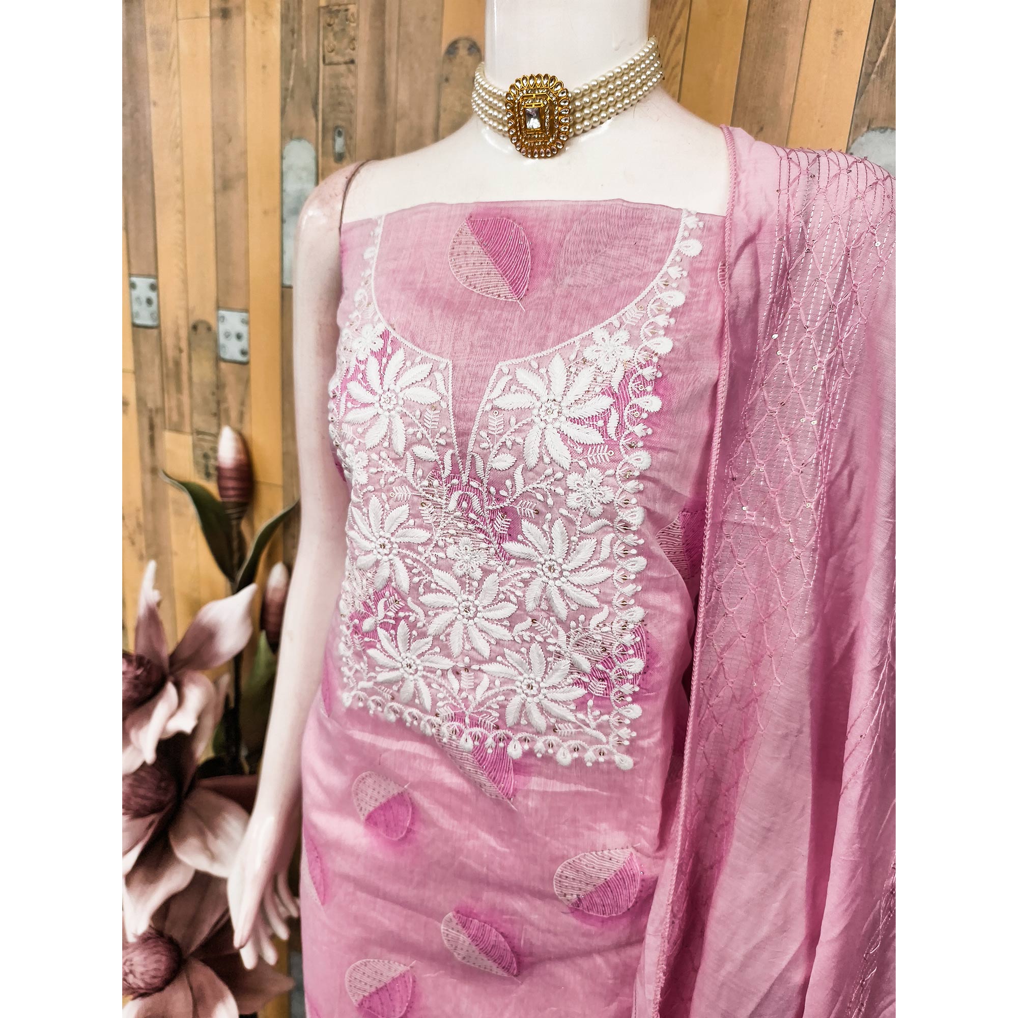 Pink Chanderi Cotton Dress Material Adorned With Floral Thread Embroidery & Sequins Work