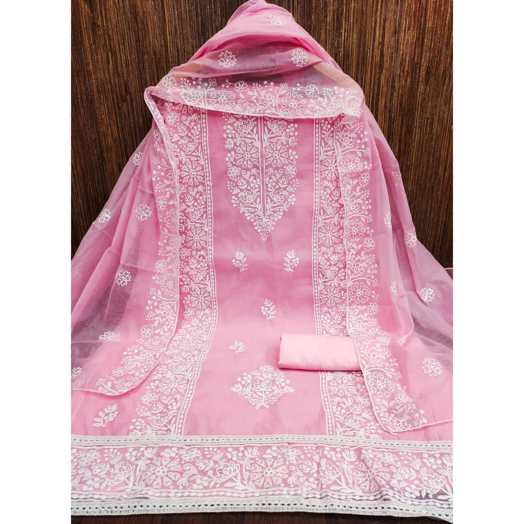 Pink Floral Embroidered Modal Dress Material