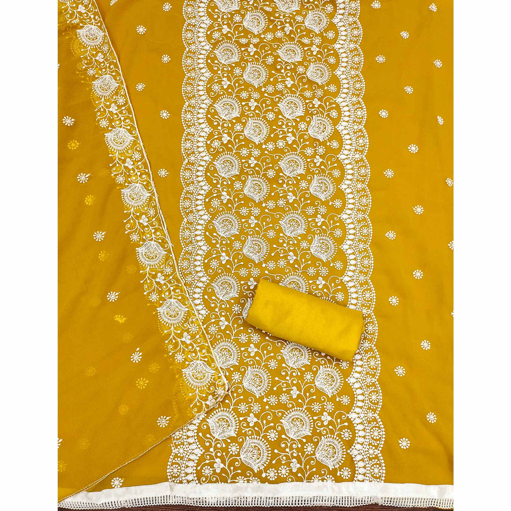 Mustard Floral Embroidered Georgette Dress Material