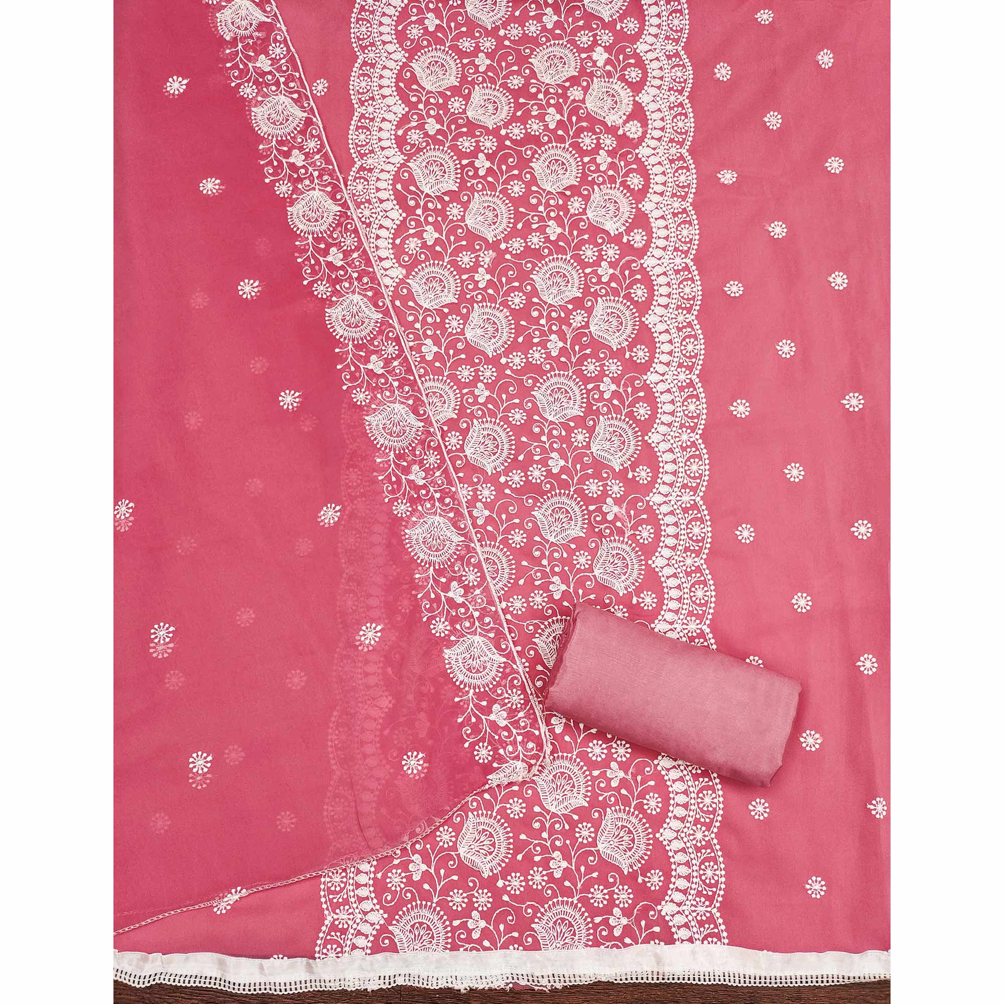 Pink Floral Embroidered Georgette Dress Material