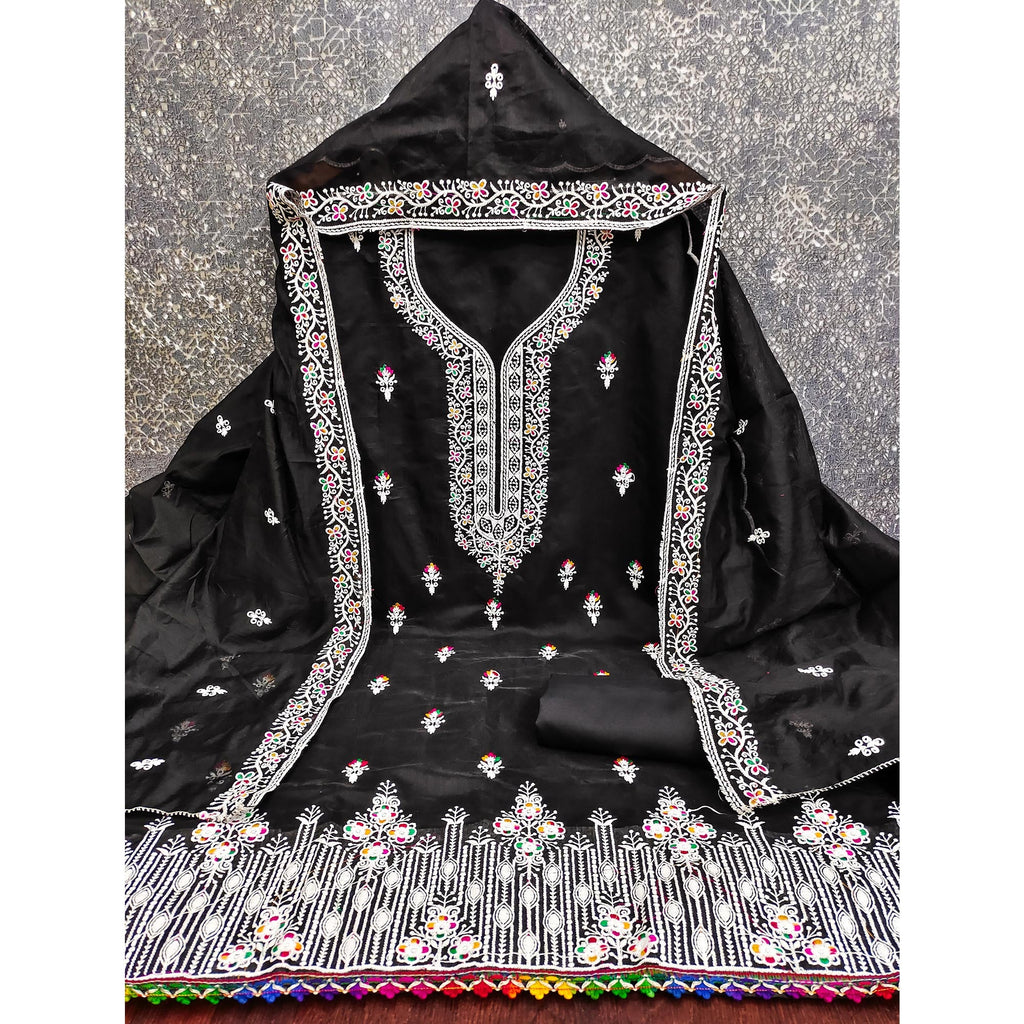 Black Chanderi Silk Dress Material Beautified with Intricate Floral Thread Embroidery