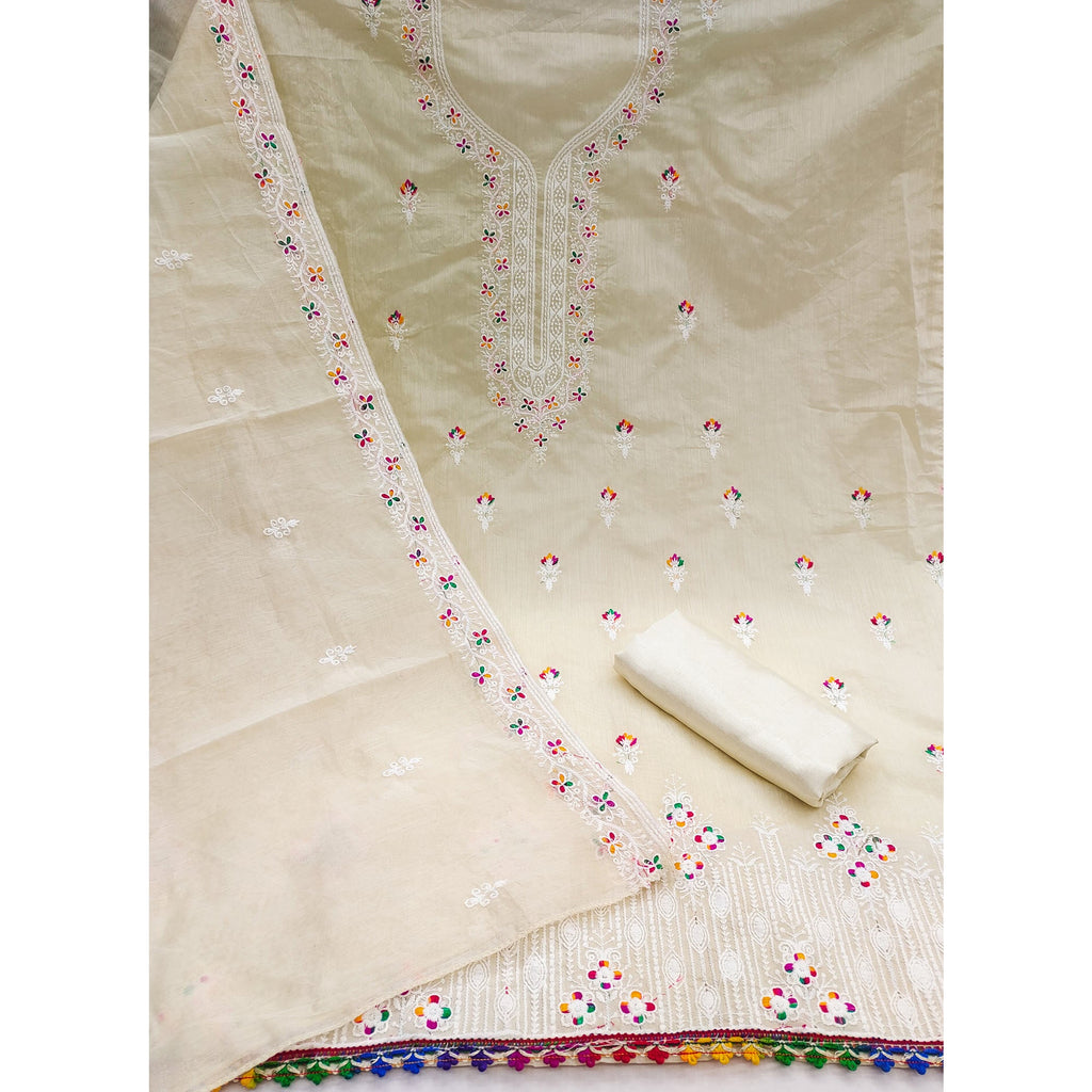Cream Chanderi Silk Dress Material Beautified with Intricate Floral Thread Embroidery