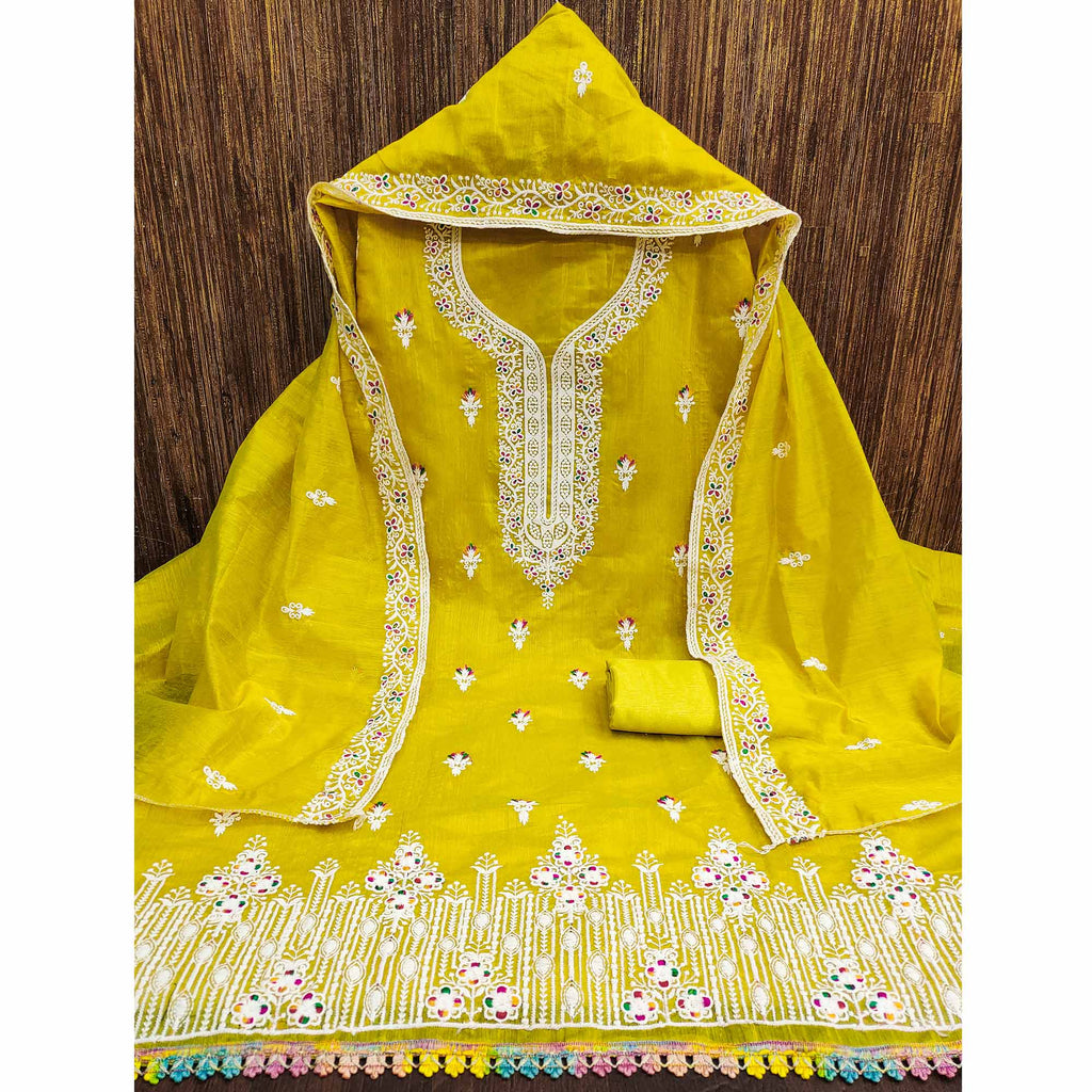 Lemon Yellow Floral Embroidered Chanderi Dress Material