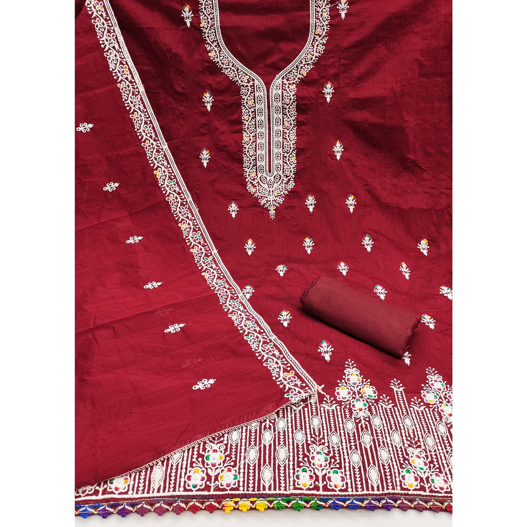 Maroon Chanderi Silk Dress Material Beautified with Intricate Floral Thread Embroidery