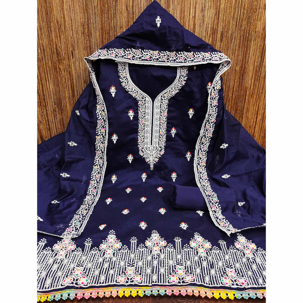 Navy Blue Floral Embroidered Chanderi Dress Material