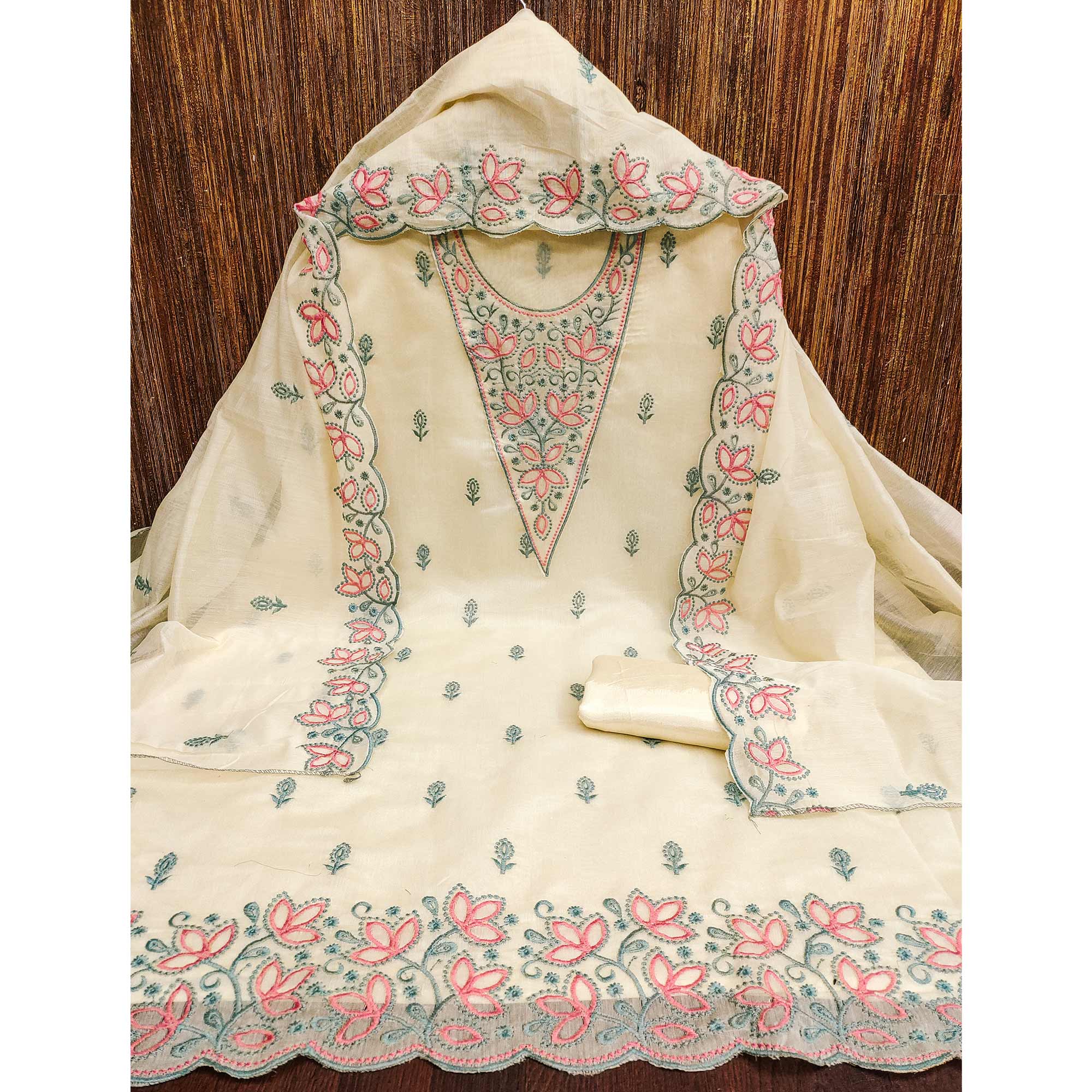 Cream Floral Embroidered Chanderi Dress Material