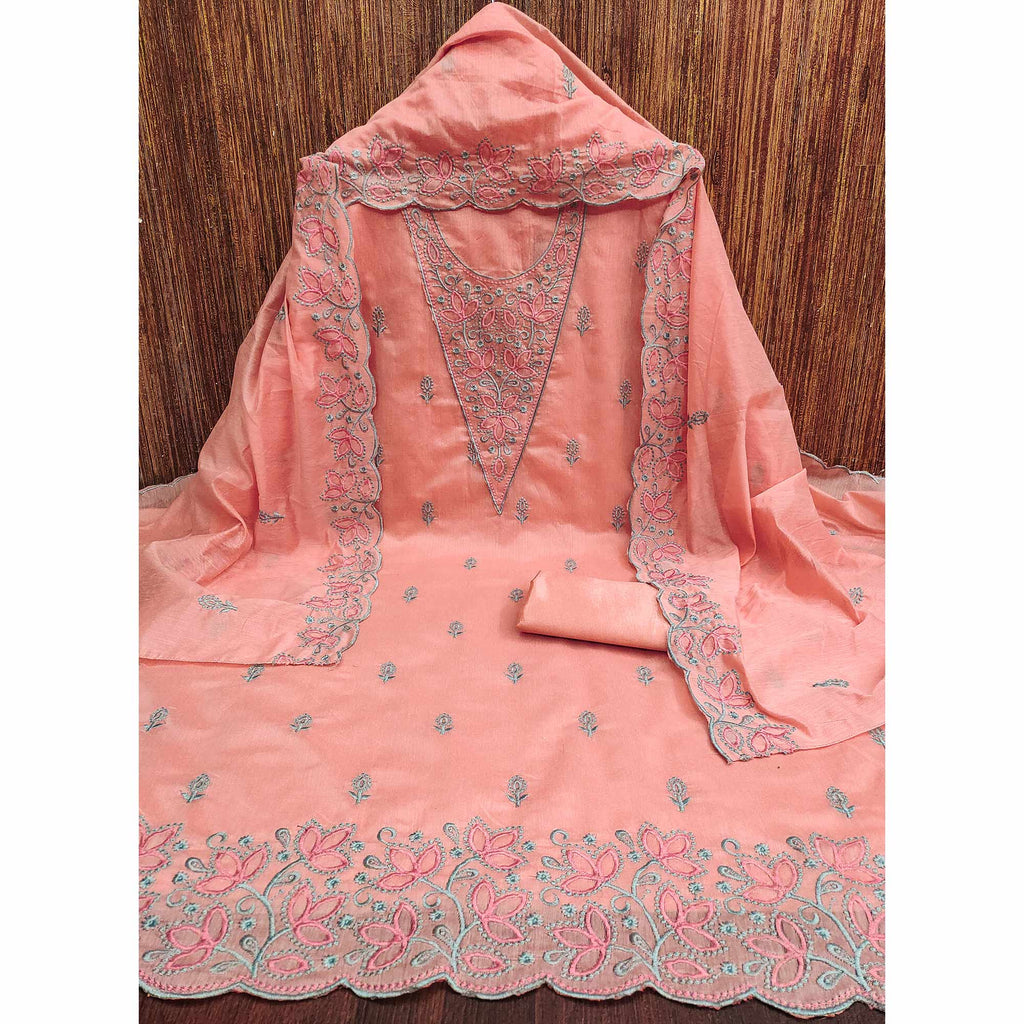 Dark Peach Floral Embroidered Chanderi Dress Material