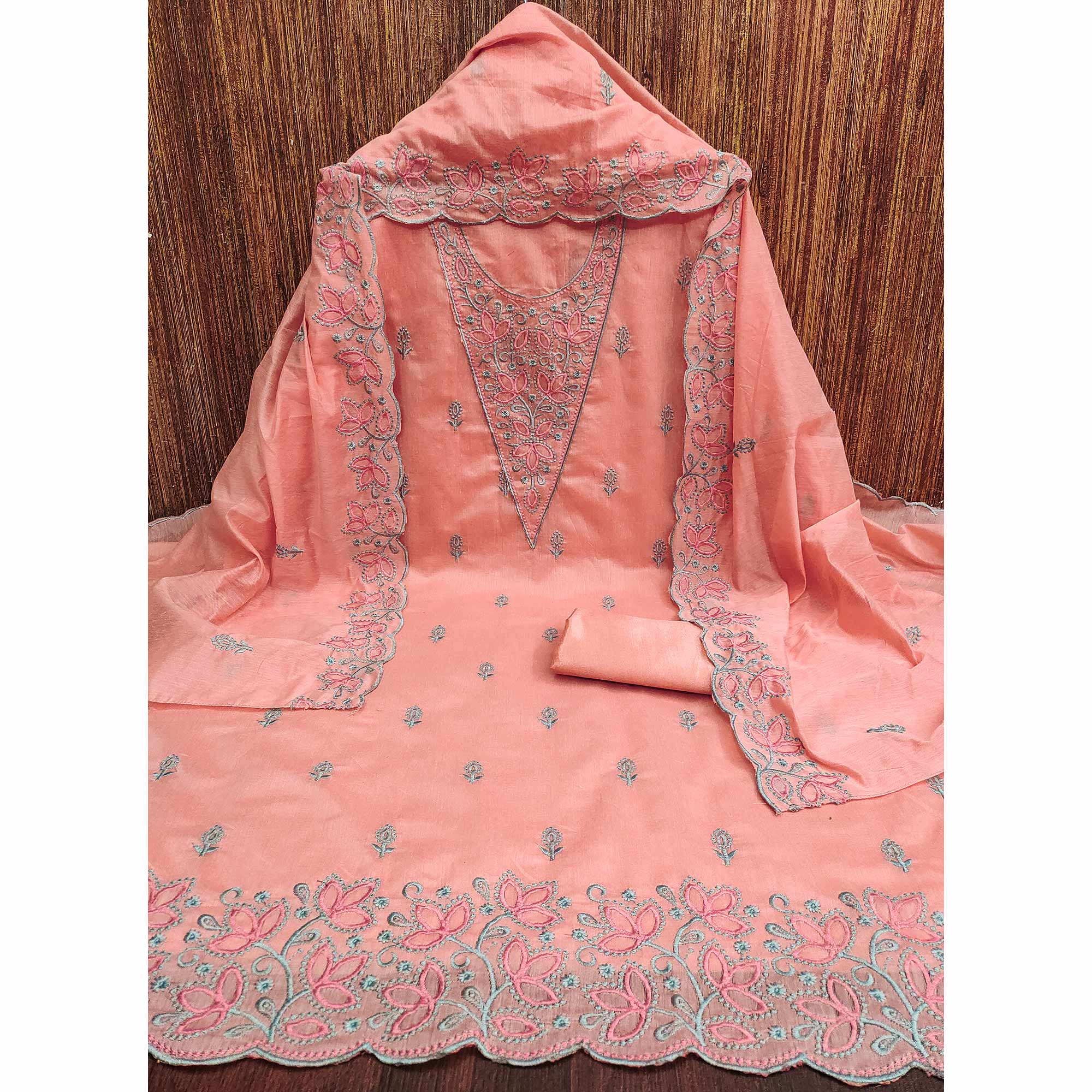 Dark Peach Floral Embroidered Chanderi Dress Material