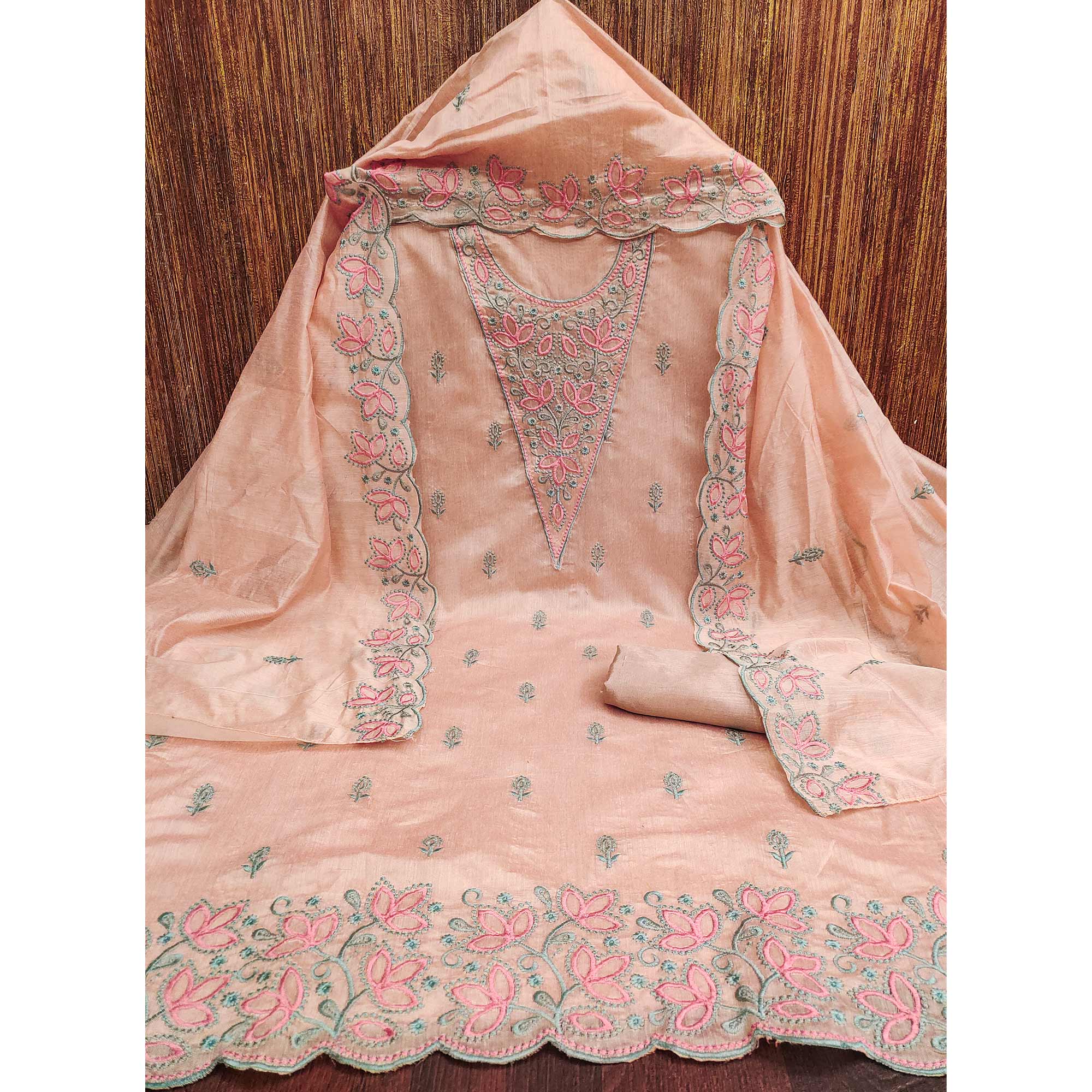 Light Peach Floral Embroidered Chanderi Dress Material