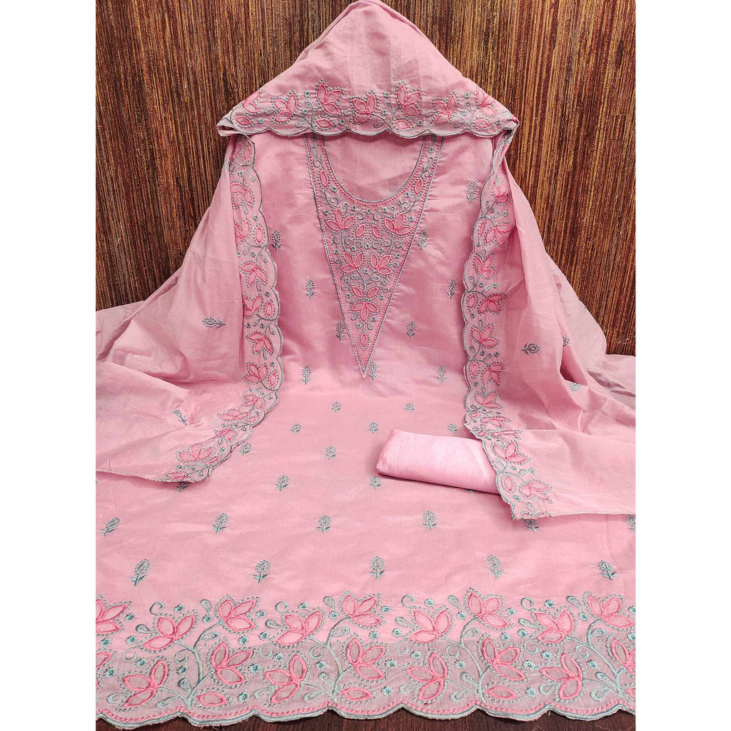 Pink Floral Embroidered Chanderi Dress Material