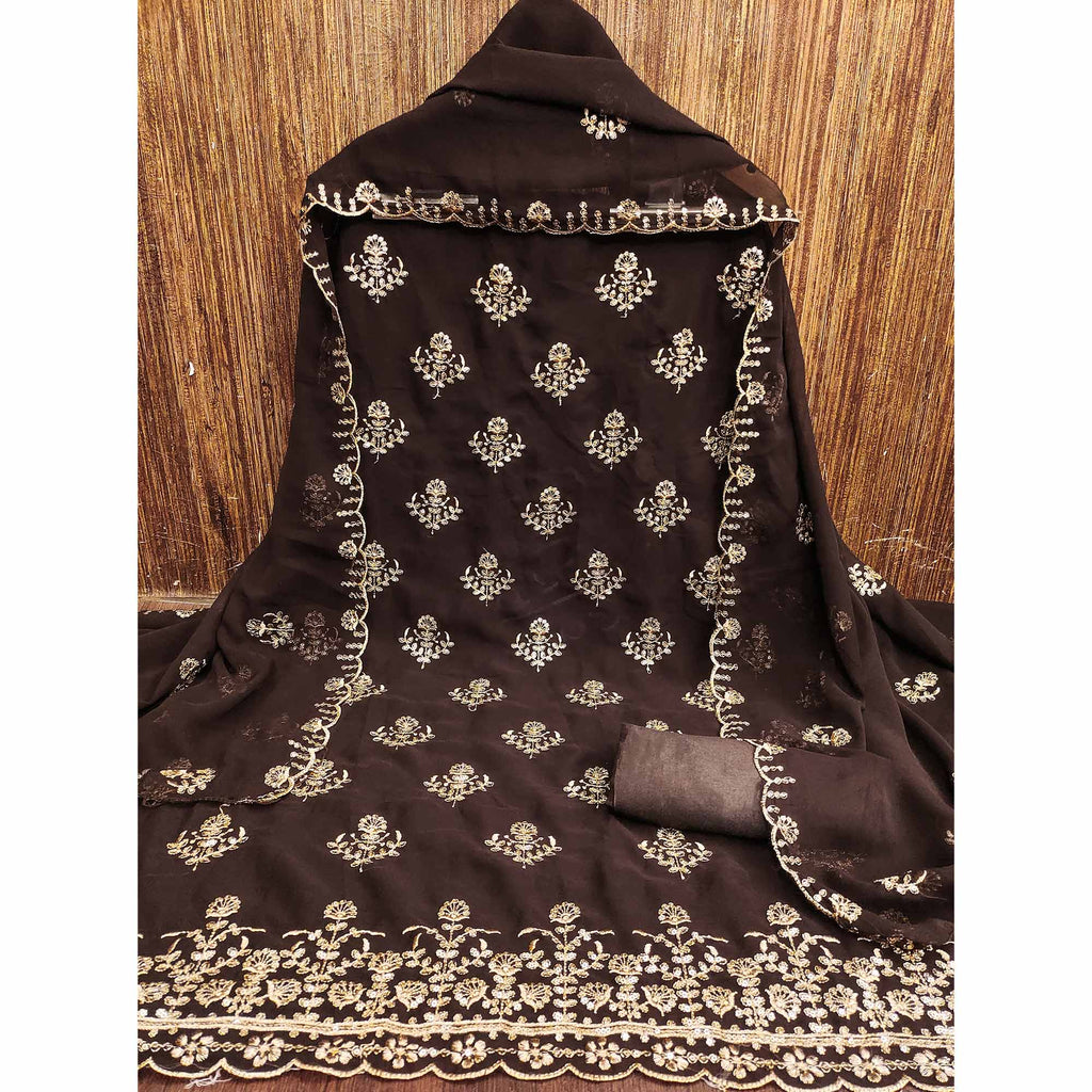 Brown Floral Sequins Embroidered Georgette Dress Material