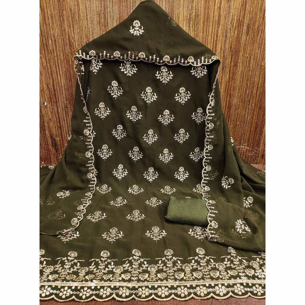 Mehendi Green Floral Sequins Embroidered Georgette Dress Material