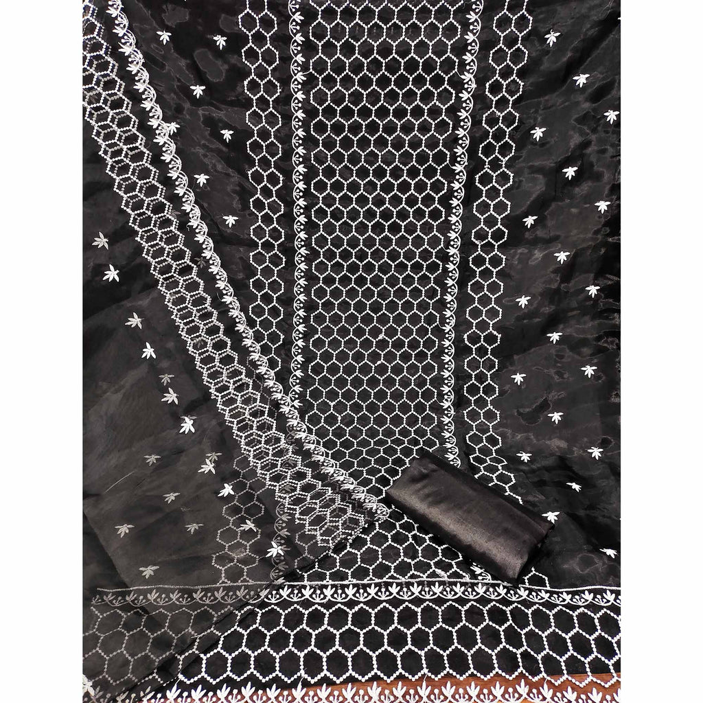Black Embroidered Organza Dress Material