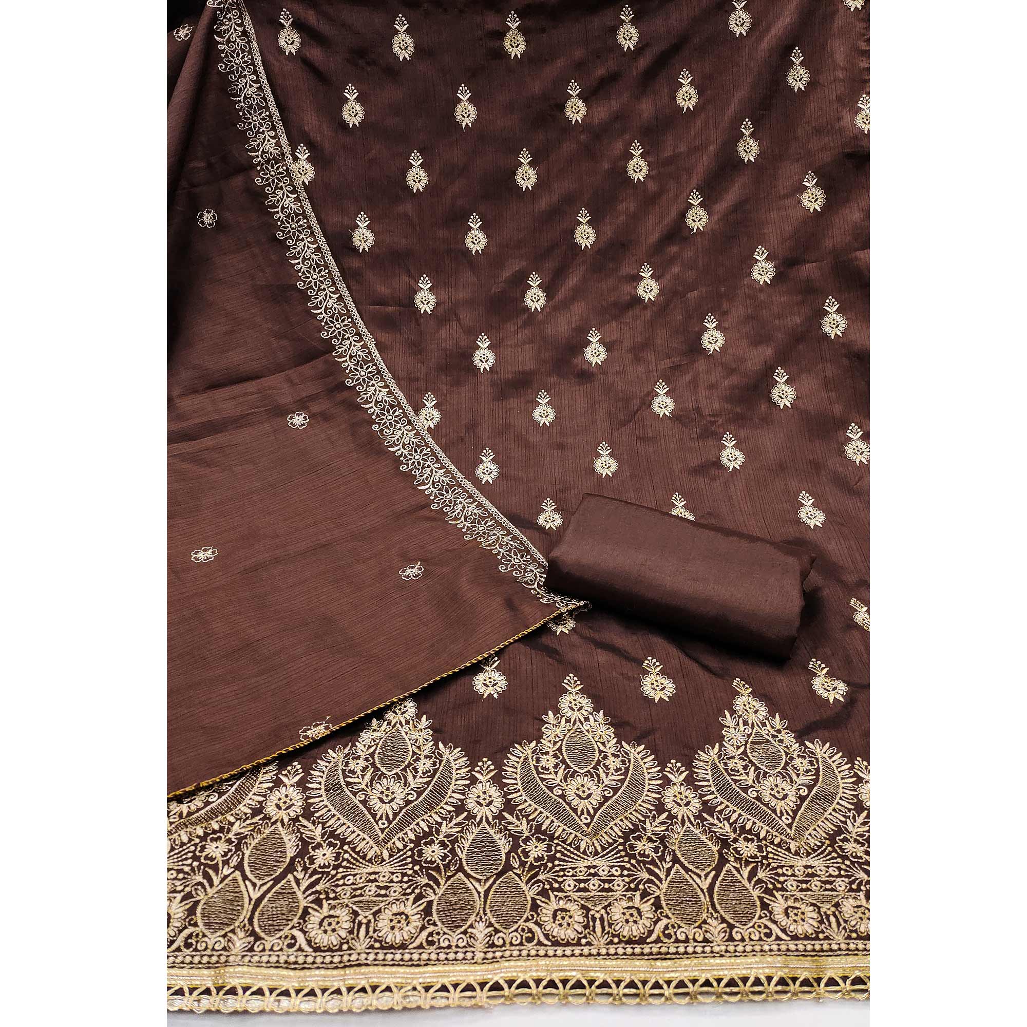 Brown Floral Embroidered Cotton Blend Dress Material