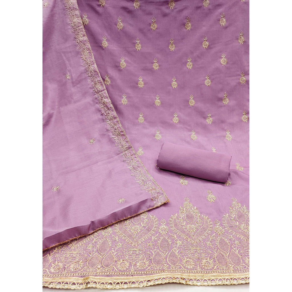 Lavender Floral Embroidered Cotton Blend Dress Material