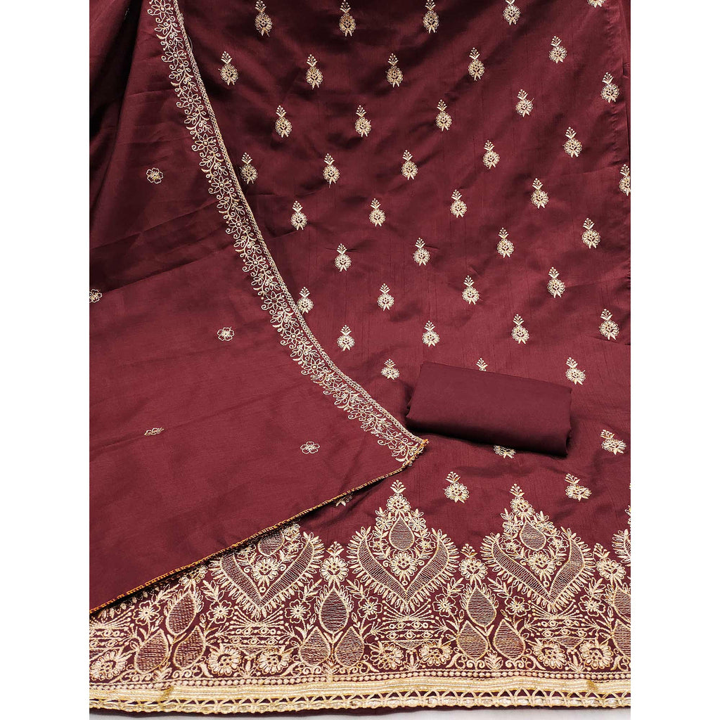 Maroon Floral Embroidered Cotton Blend Dress Material