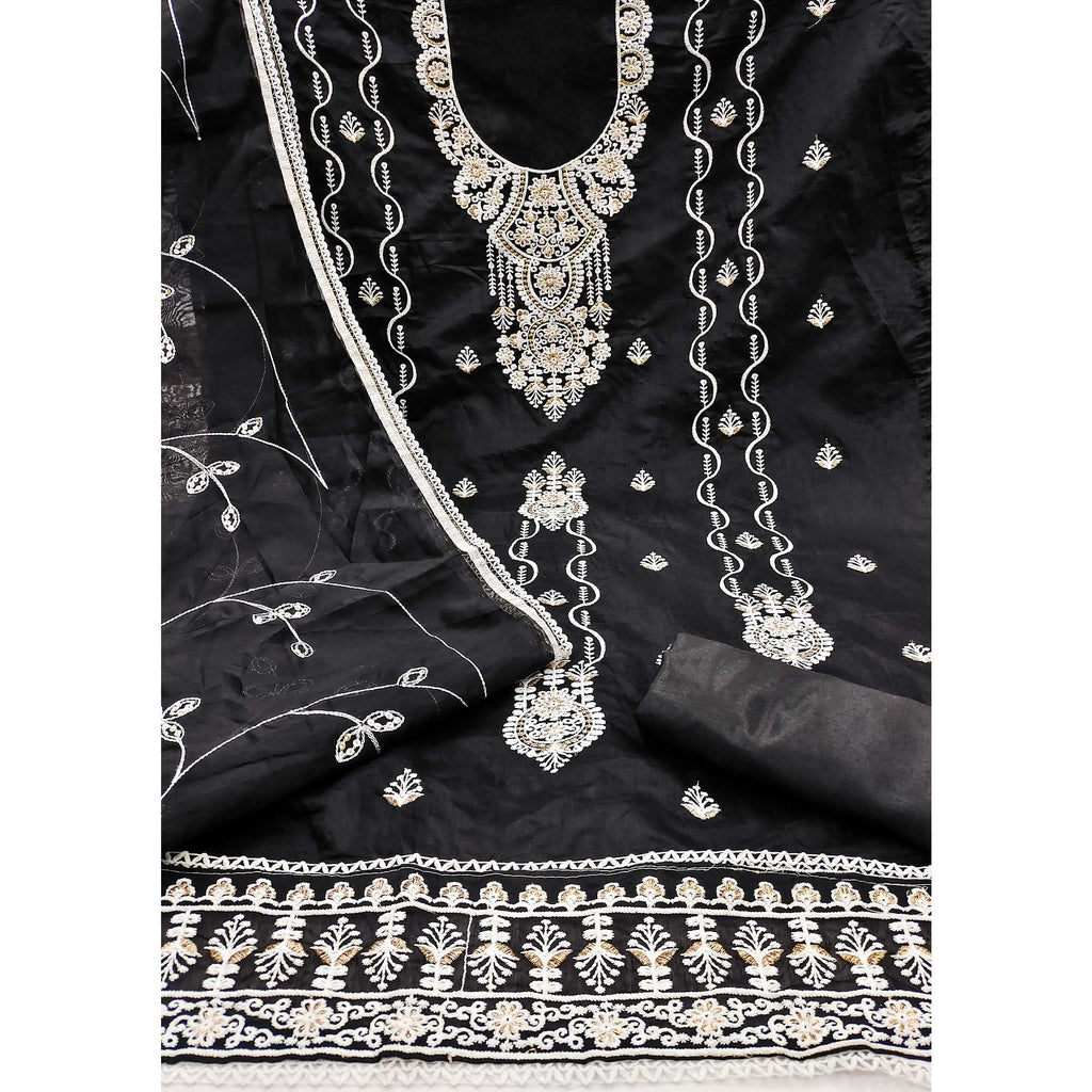 Black Floral Embroidered Chanderi Dress Material
