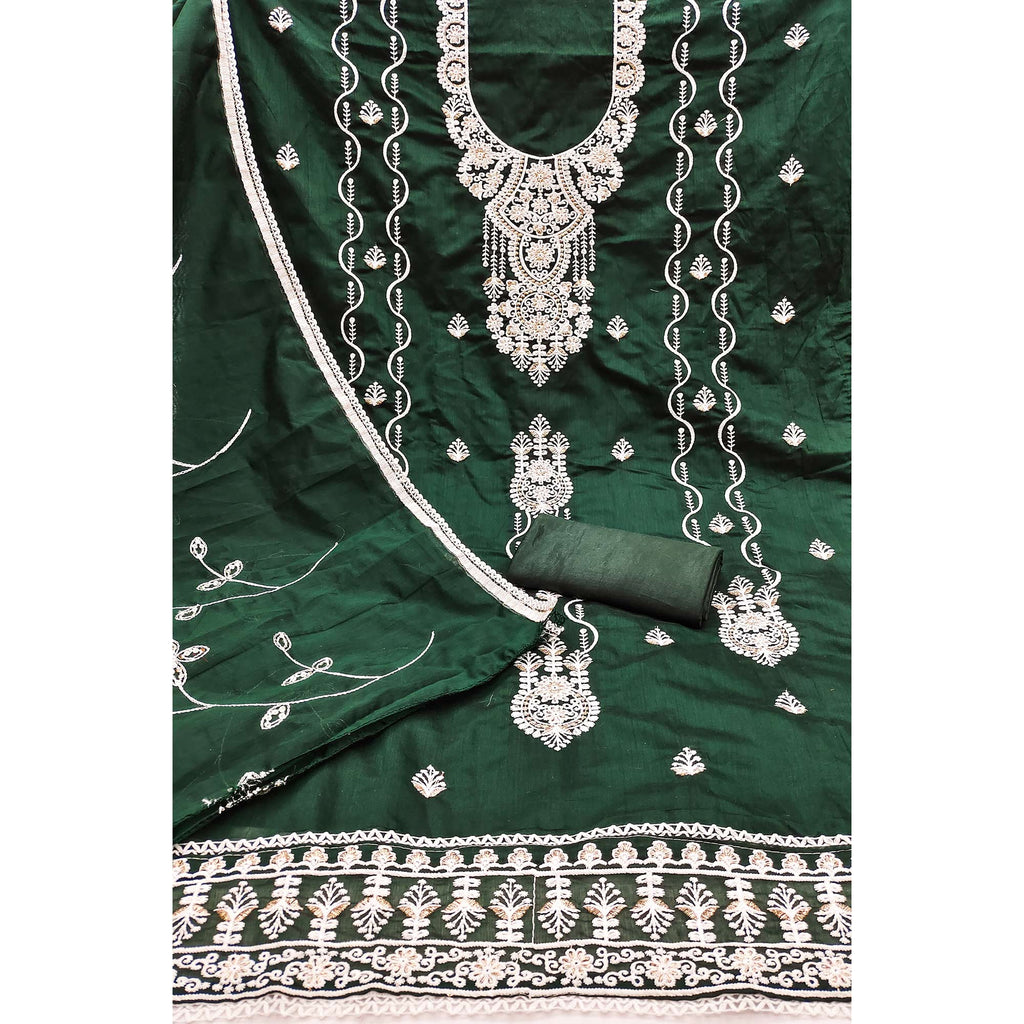 Bottle Green Floral Embroidered Chanderi Dress Material