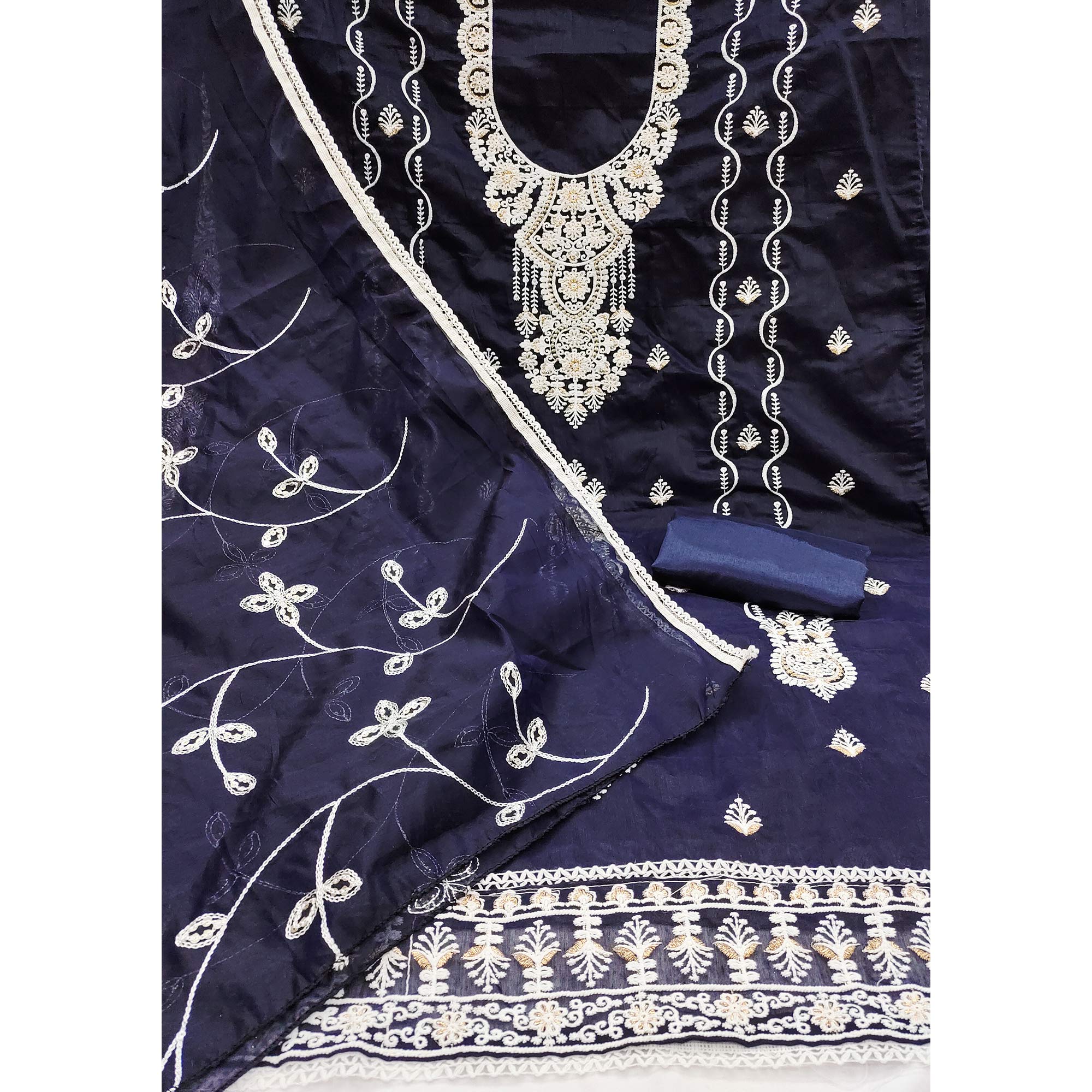 Navy Blue Floral Embroidered Chanderi Dress Material