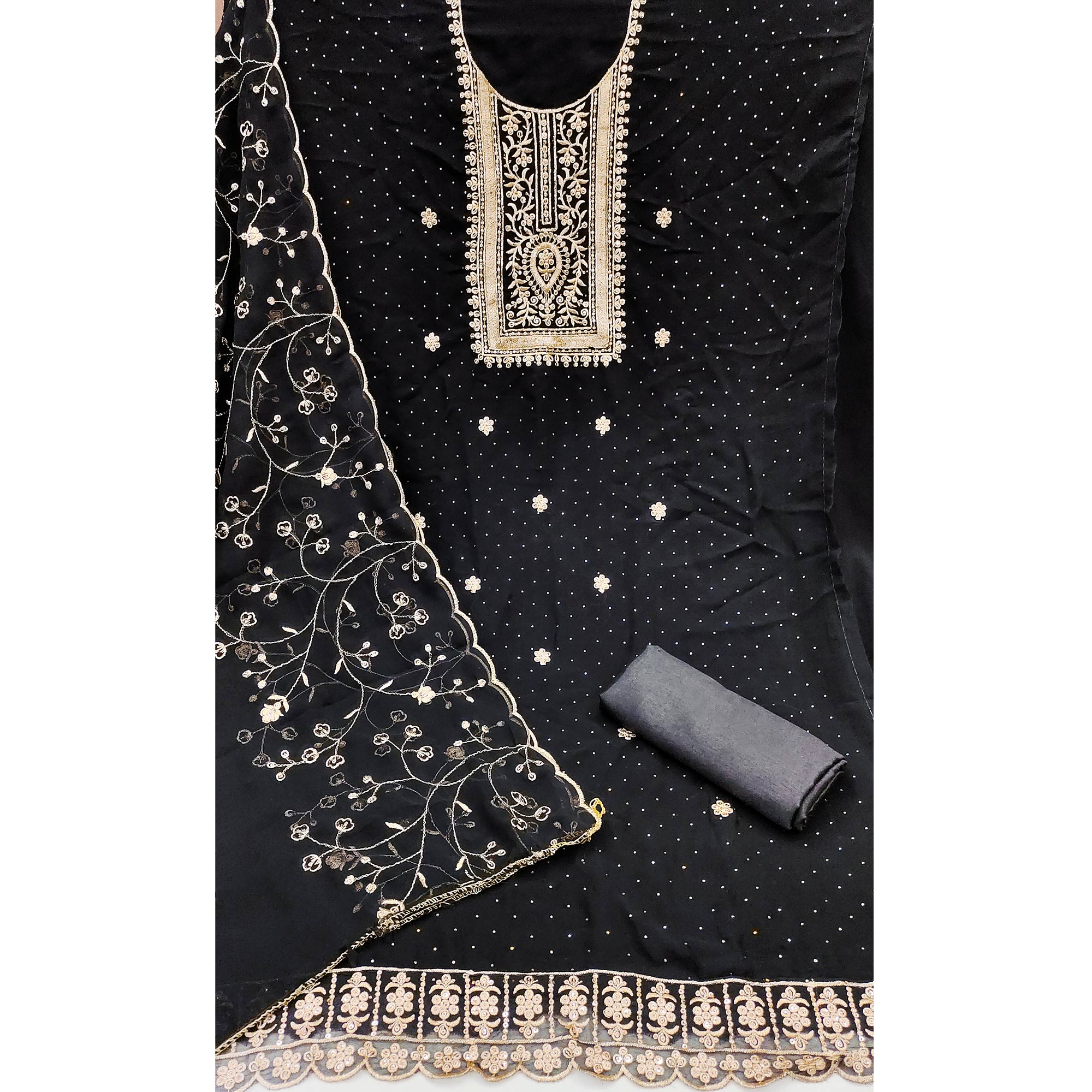 Black Floral Embroidery With Stonework Georgette Dress Material