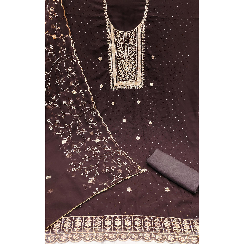Brown Floral Embroidery With Stonework Georgette Dress Material