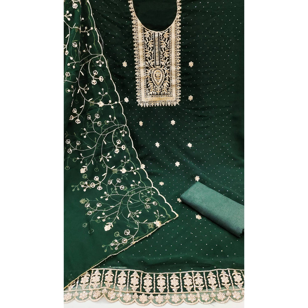 Green Floral Embroidery With Stonework Georgette Dress Material