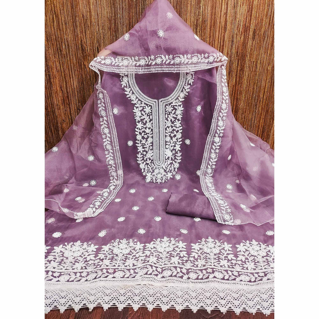 An Ethereal Charm Purple Floral Thread Embroidered Organza Dress Material