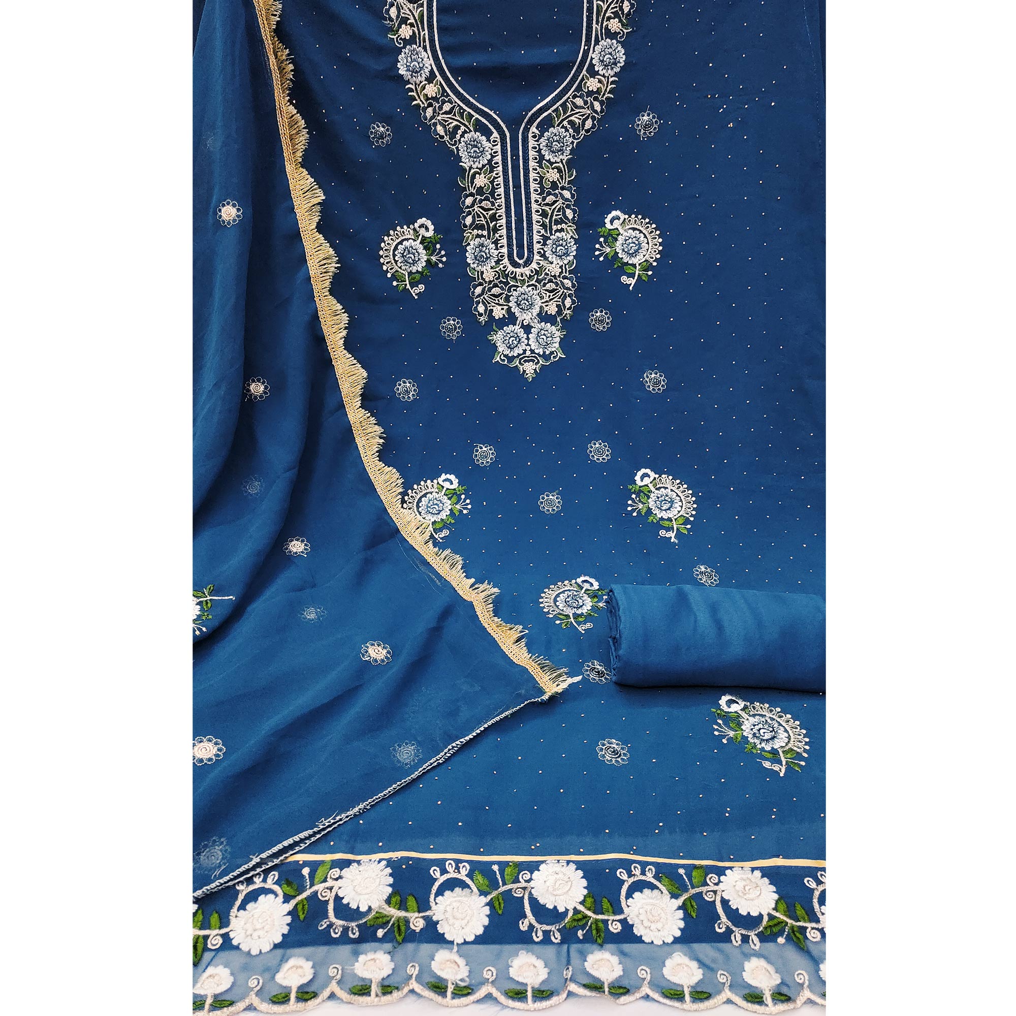 Blue Georgette Dress Material With Exquisite Floral Embroidery & Shimmering Stonework