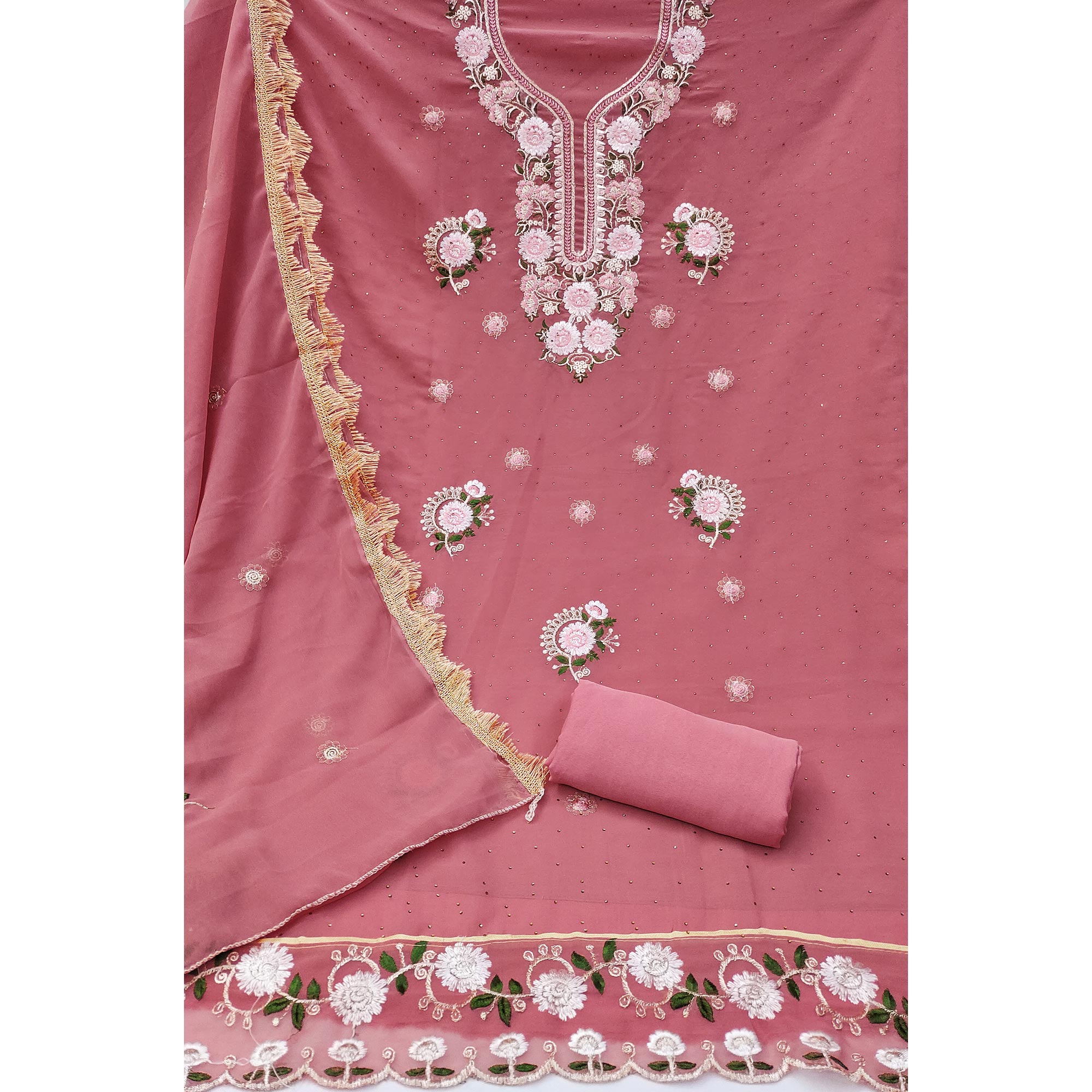 Coral Pink Georgette Dress Material With Exquisite Floral Embroidery & Shimmering Stonework