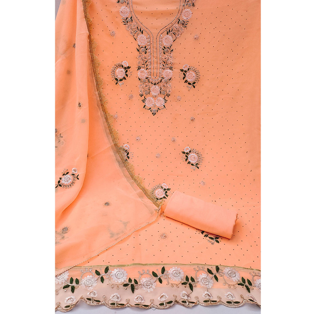 Orange Georgette Dress Material With Exquisite Floral Embroidery & Shimmering Stonework