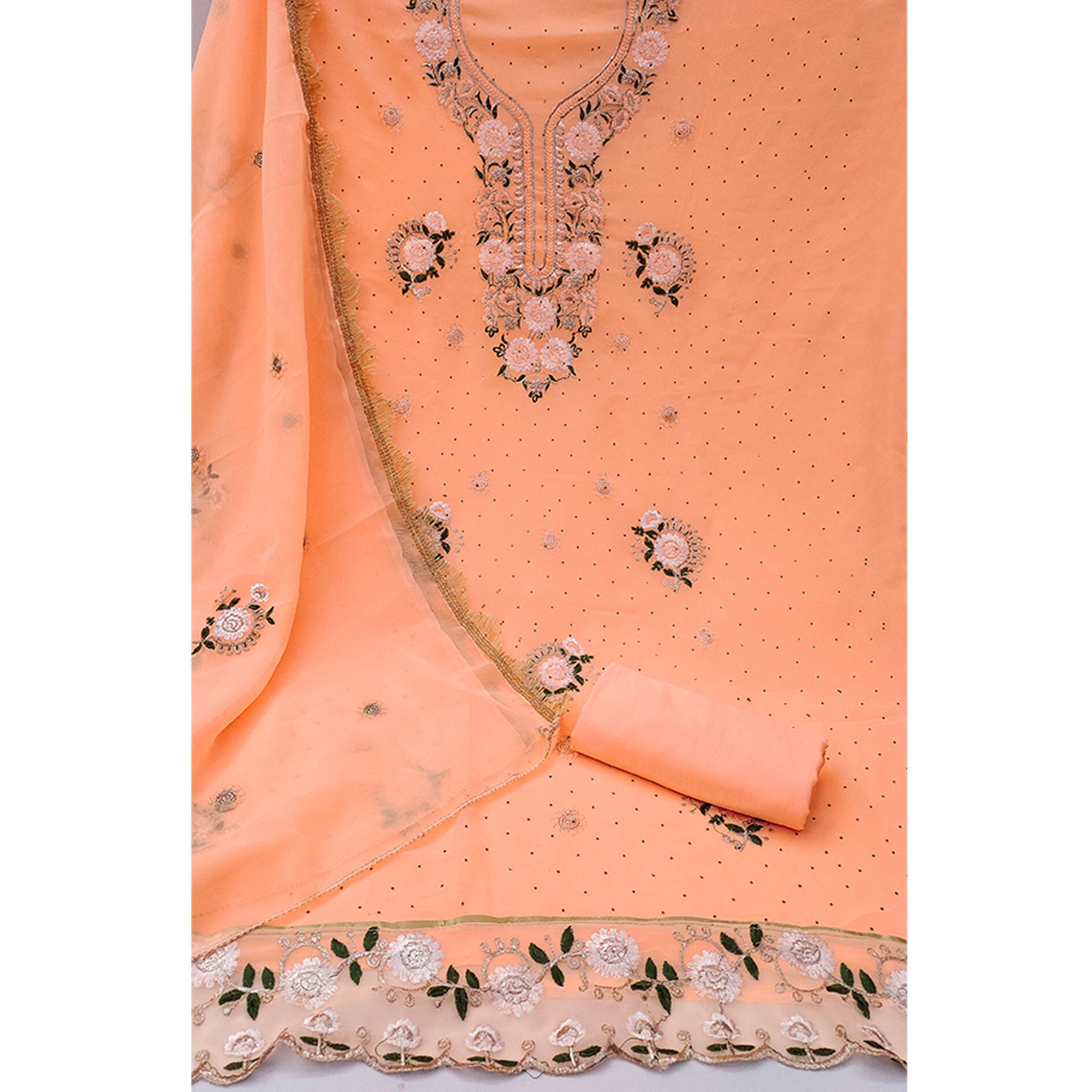 Orange Georgette Dress Material With Exquisite Floral Embroidery & Shimmering Stonework