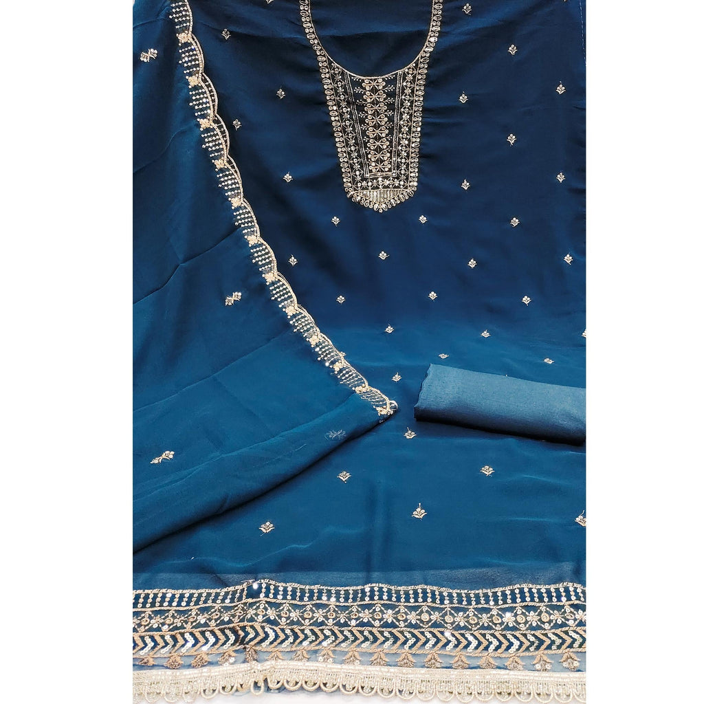 Blue Georgette Dress Material Featuring Floral Sequins Embroidery