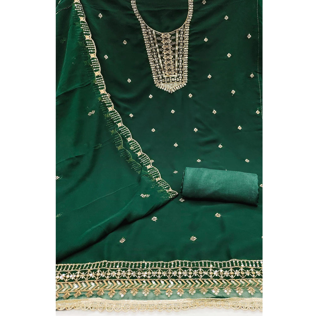 Green Georgette Dress Material Featuring Floral Sequins Embroidery