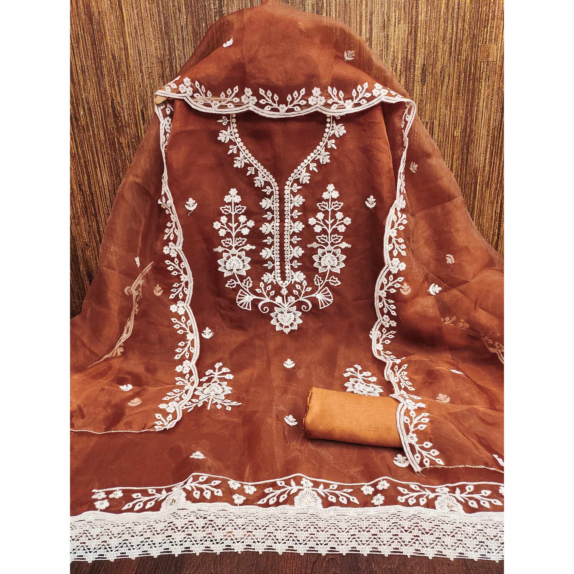 Brown Floral Embroidered Work Dress Material With Shimmering Sequin Detailing