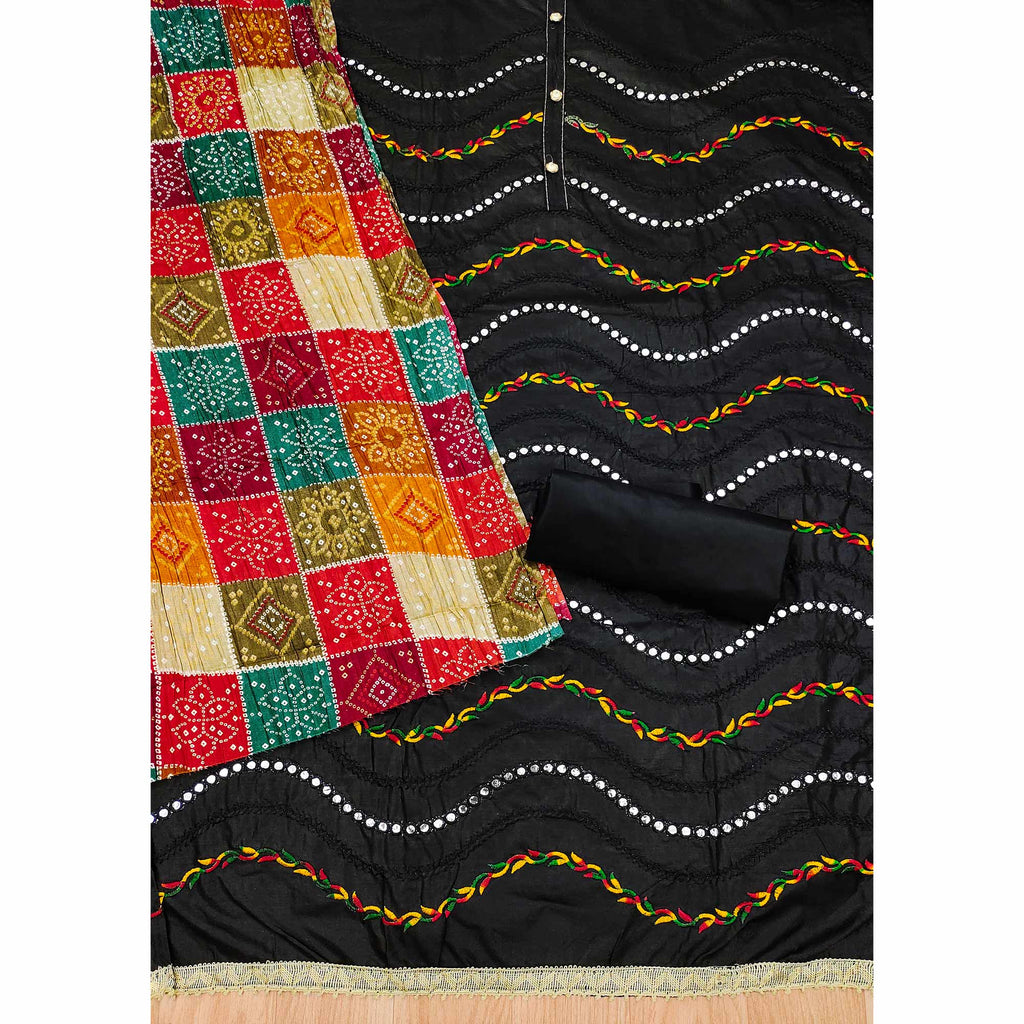 Black Cotton Blend Dress Material With Intricate Thread Embroidery & Paper Mirror Work