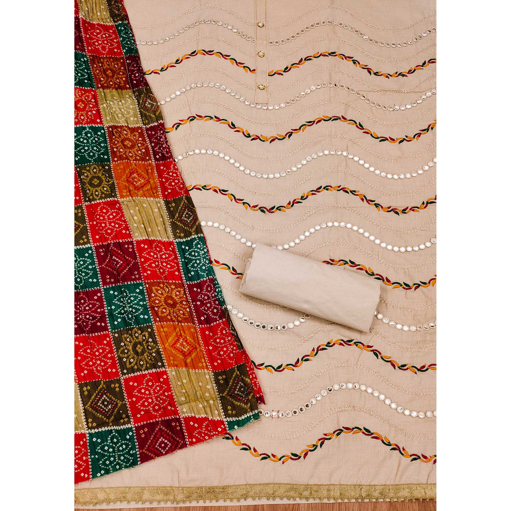 Cream Cotton Blend Dress Material With Intricate Thread Embroidery & Paper Mirror Work