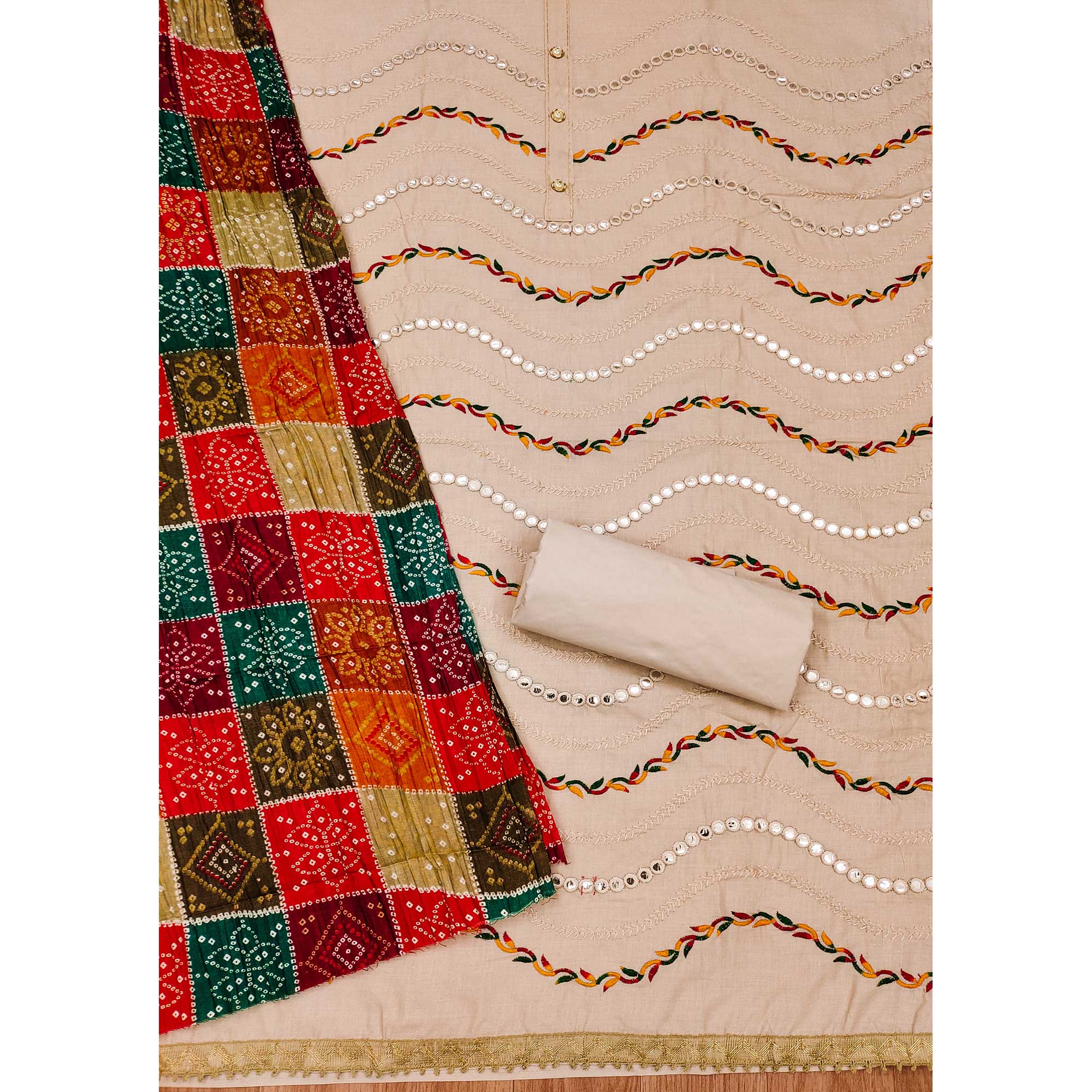 Cream Cotton Blend Dress Material With Intricate Thread Embroidery & Paper Mirror Work