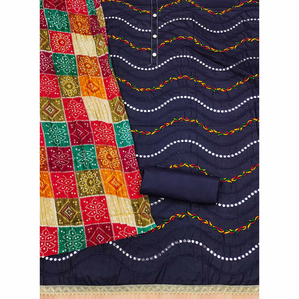 Navy Blue Cotton Blend Dress Material With Intricate Thread Embroidery & Paper Mirror Work