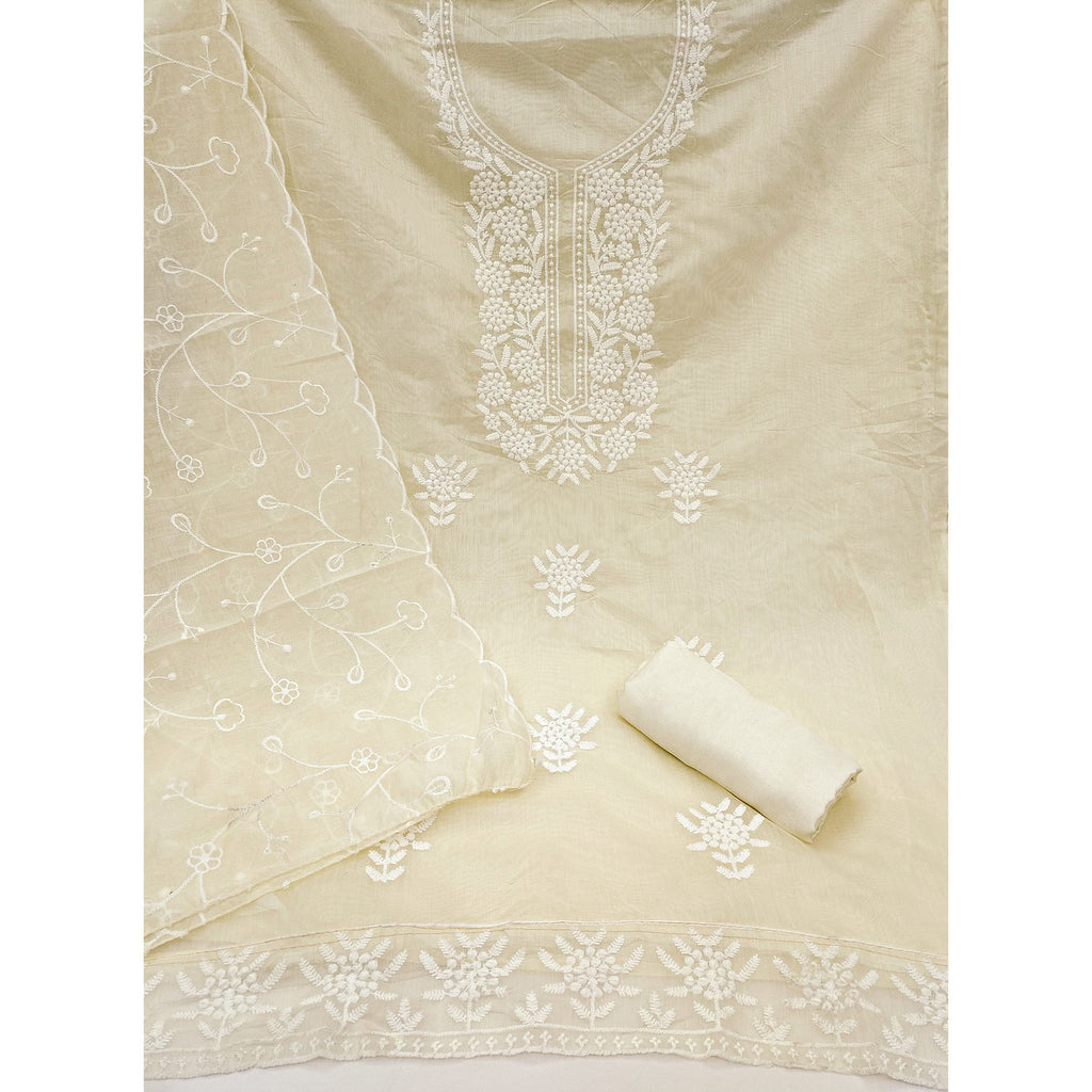 Cream Chanderi Silk Dress Material With Exquisite Floral Thread Embroidery