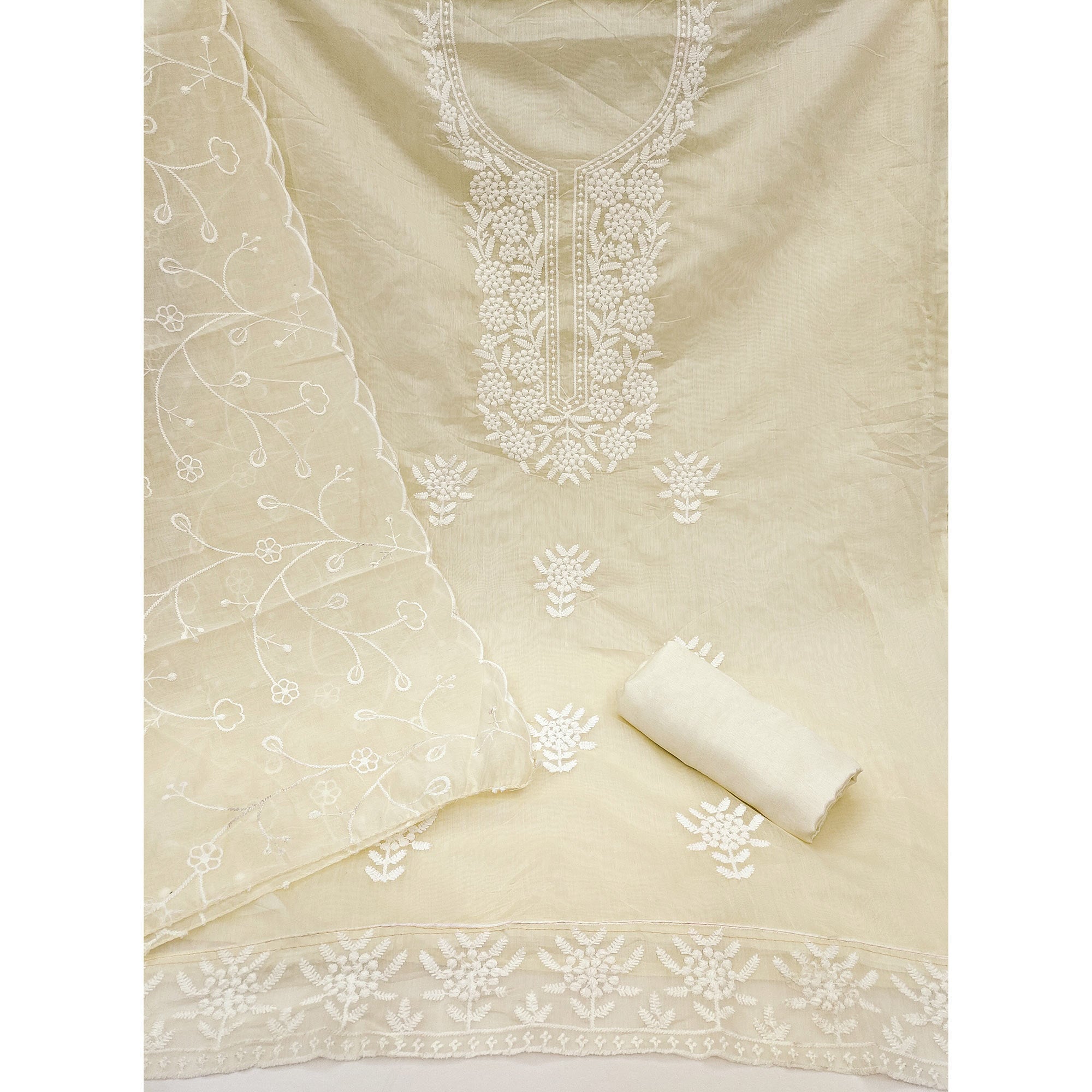 Cream Chanderi Silk Dress Material With Exquisite Floral Thread Embroidery