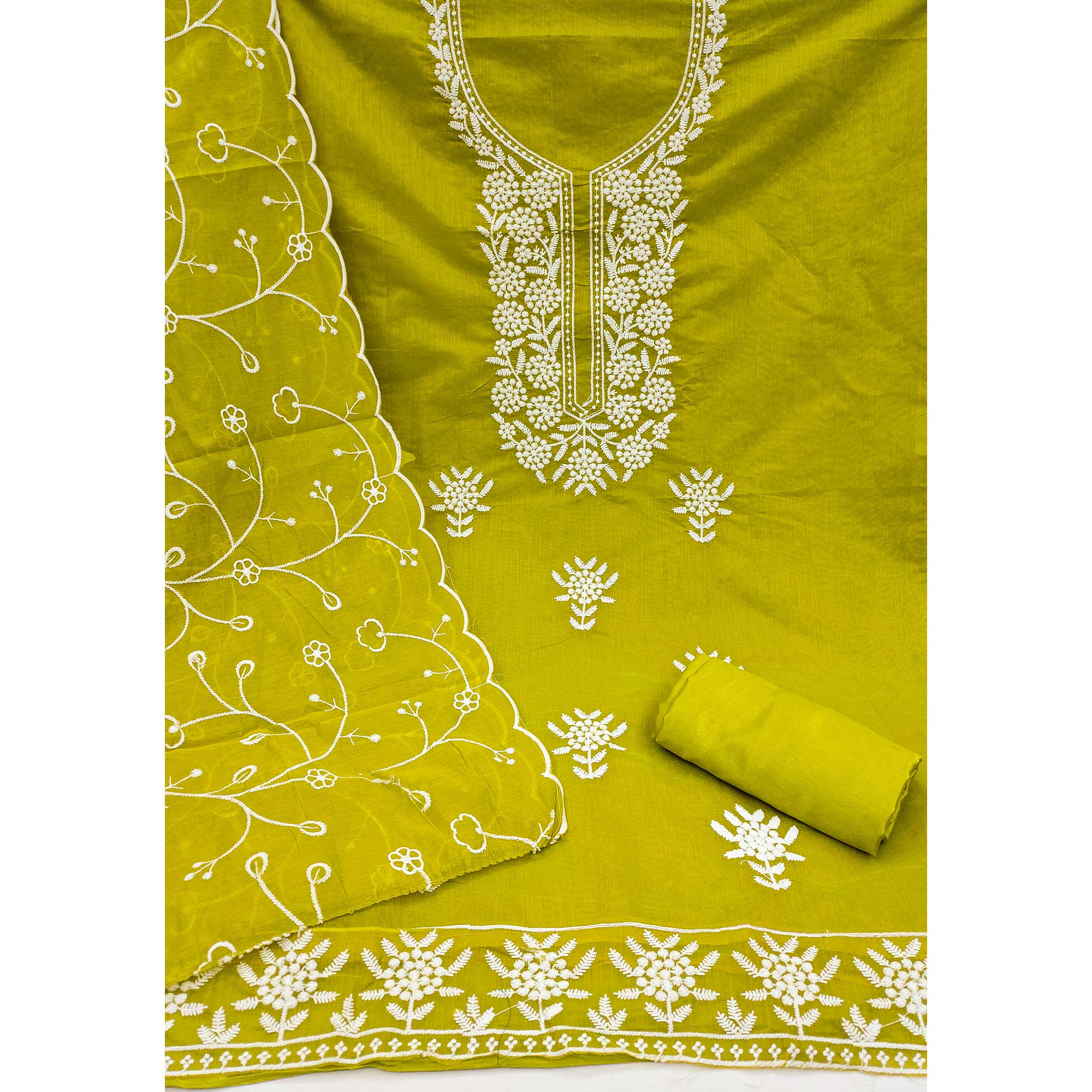 Green Chanderi Silk Dress Material With Exquisite Floral Thread Embroidery