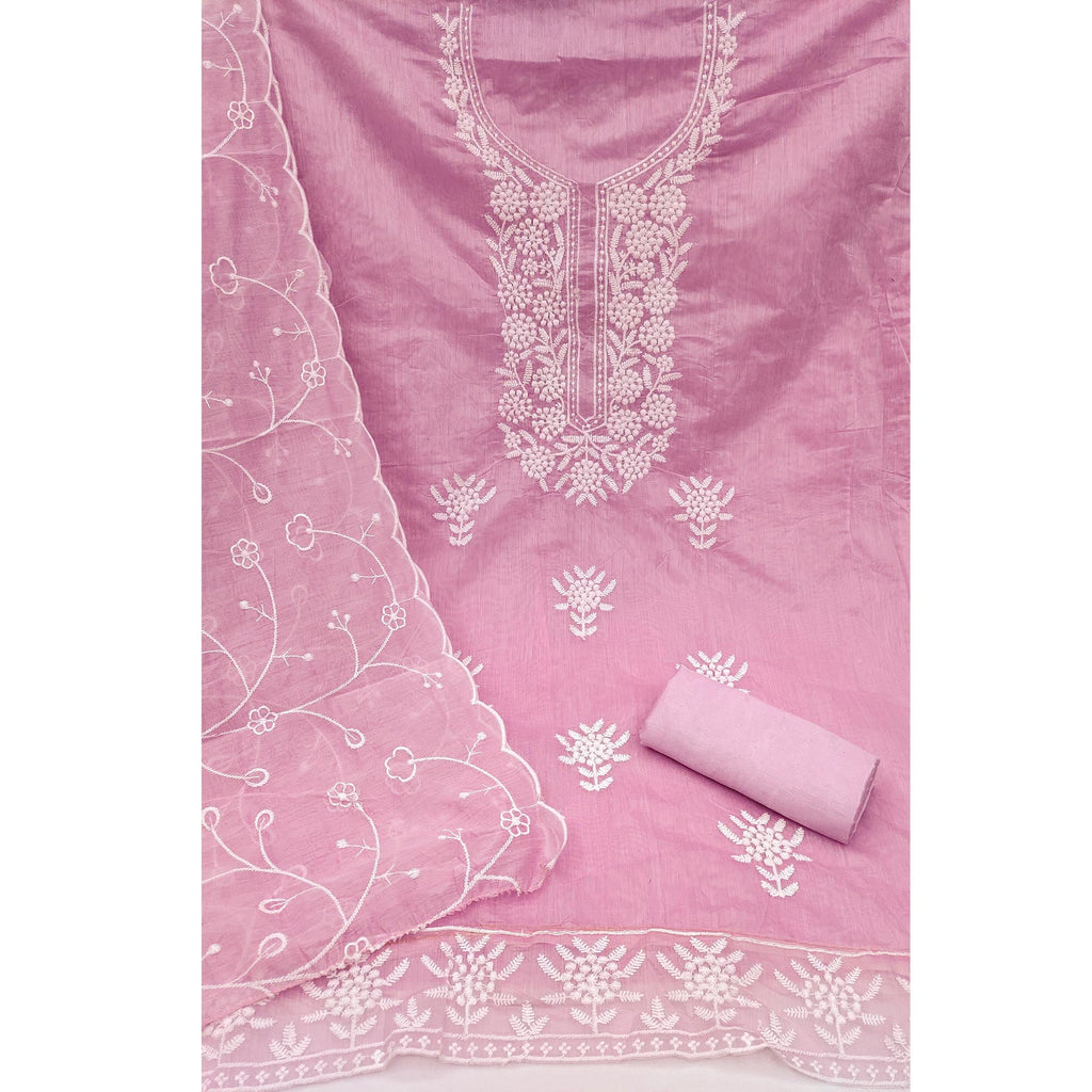 Pink Chanderi Silk Dress Material With Exquisite Floral Thread Embroidery
