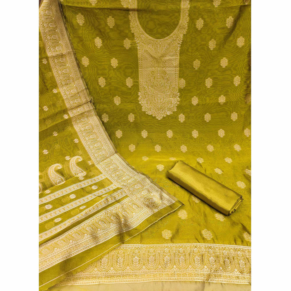 Green Zari Floral Jacquard Weaving on Shimmer Silk Dress Material